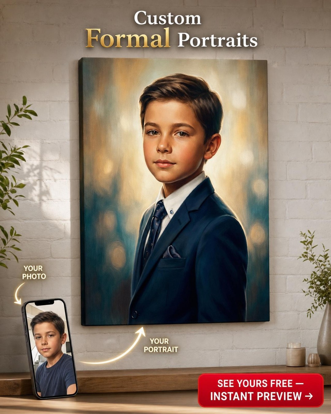 Custom Royal Boy Portrait — Regal Suit Canvas from Photo