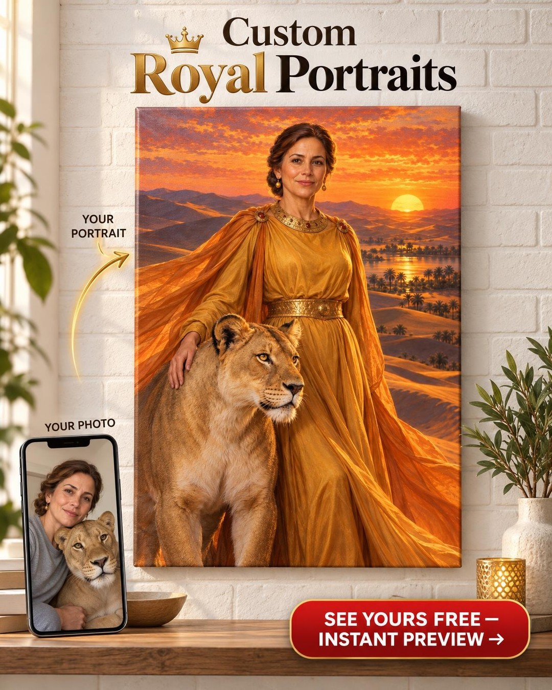 Desert Lioness Queen Custom Portrait from Photo | Personalized For Her Gift