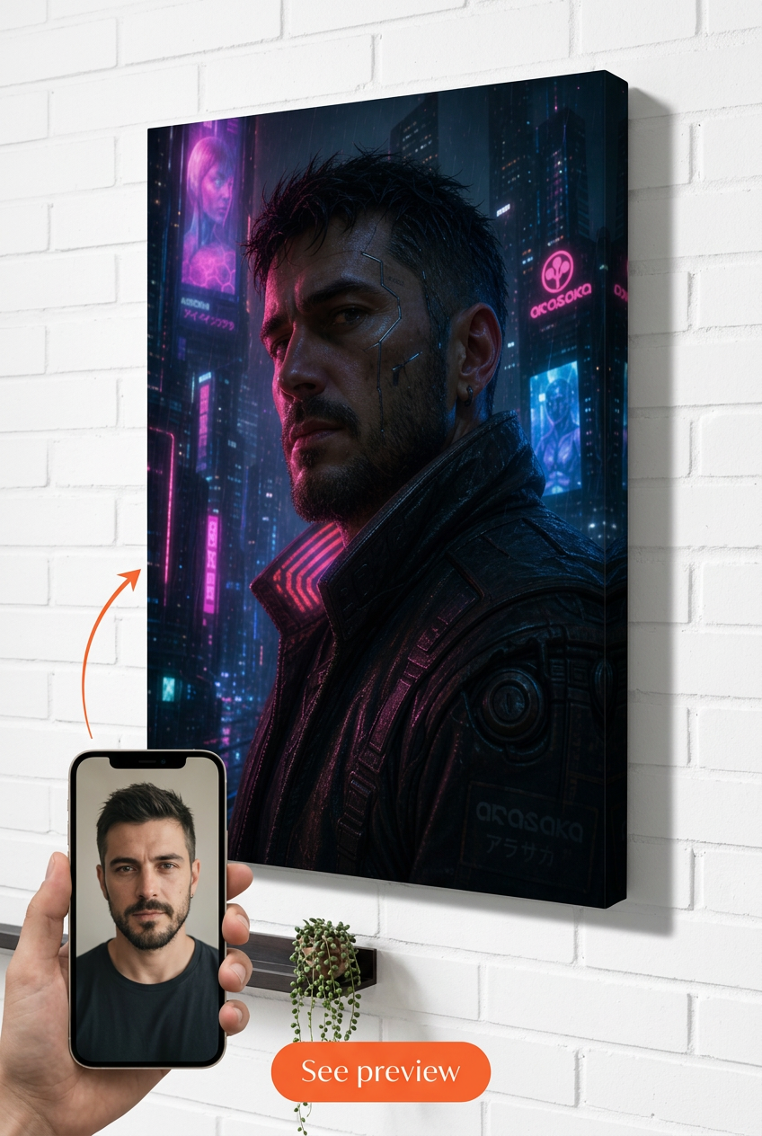 Custom Cyberpunk Man Portrait — Heroic Neon Canvas from Photo