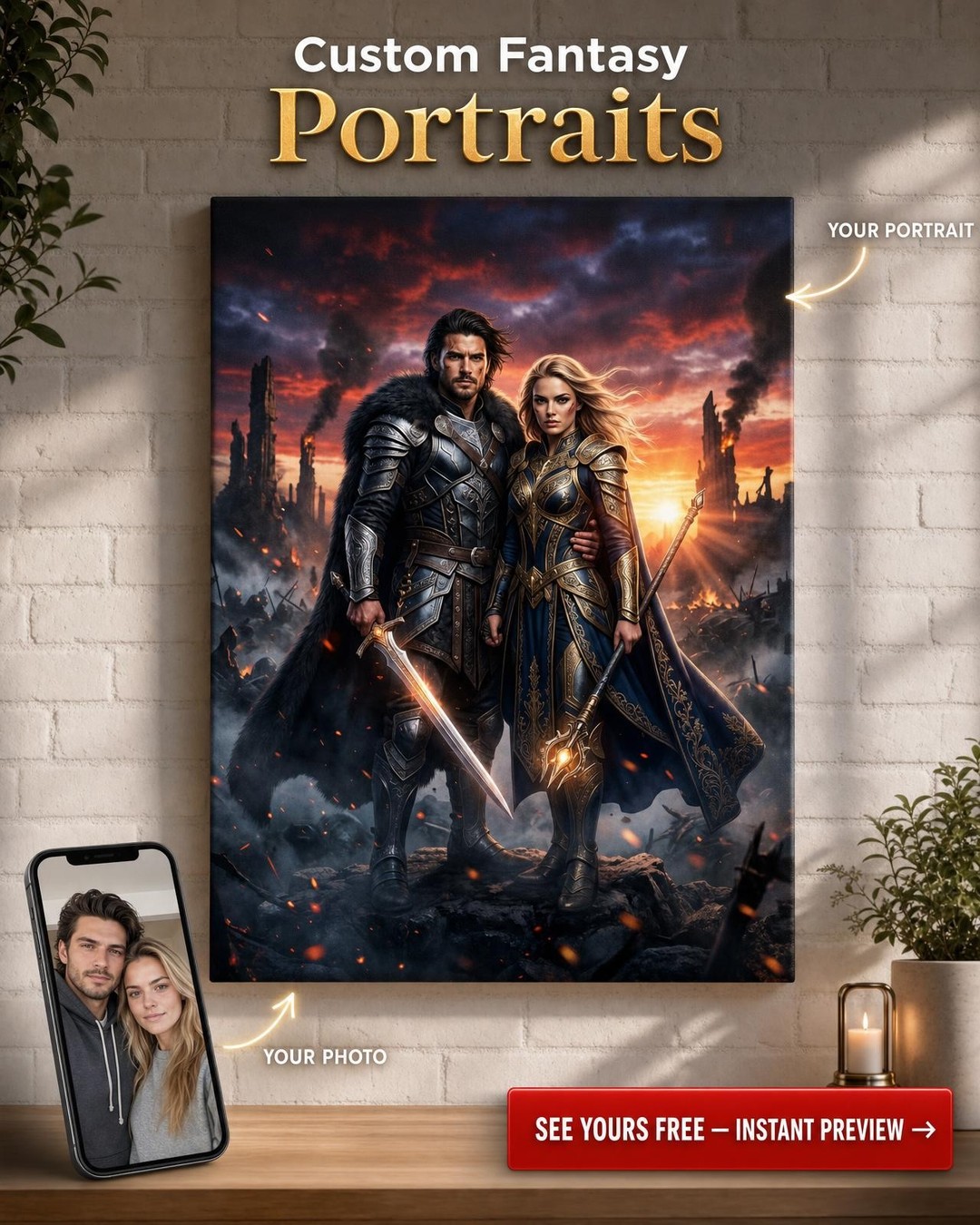 Custom Knight Couple Portrait — Heroic Armor Canvas from Photo