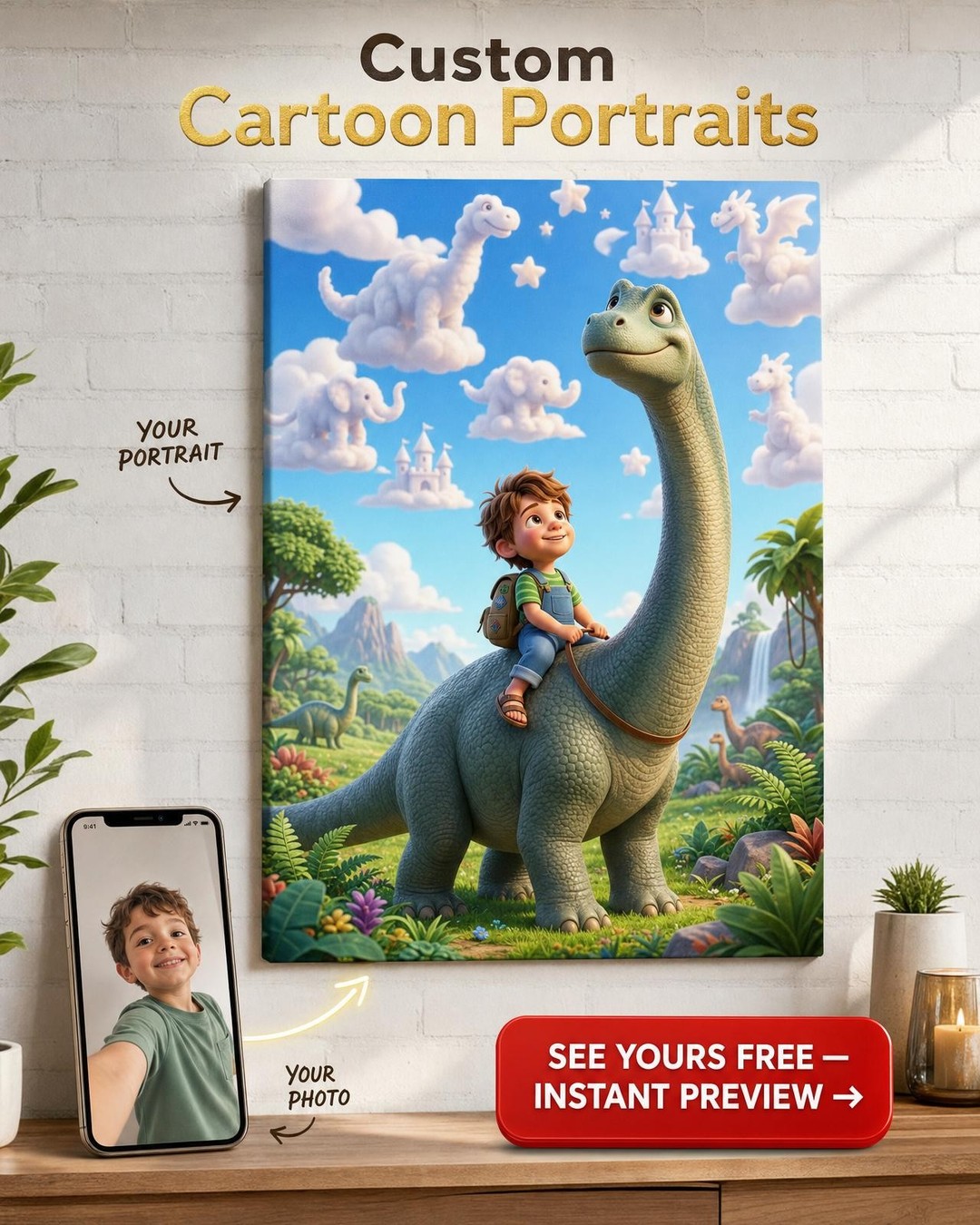 Custom Cartoon Boy Portrait for Dino Lovers