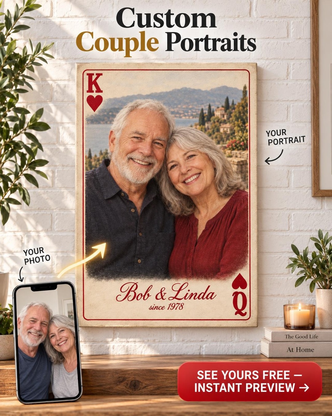 King and Queen of Hearts Custom Portrait from Photo | Personalized Game Night Gift