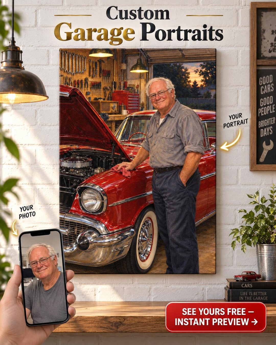 Dad’s Garage Custom Portrait from Photo | Personalized Classic Car Gift