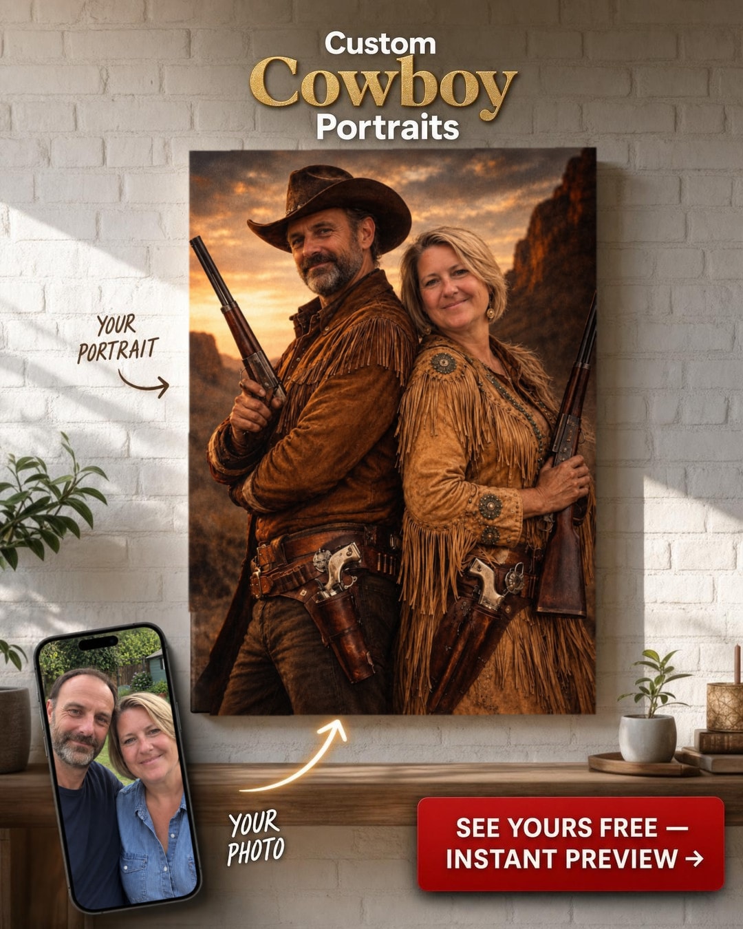 Západná Téma Vlastný Portrét z Fotografie | Personalizovaný Darček pre Páry