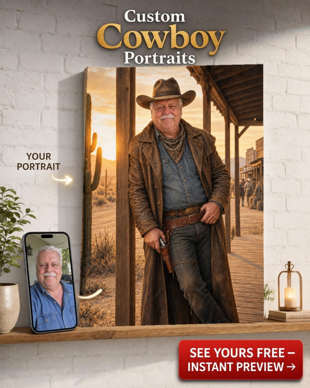 Custom Cowboy Man Portrait — Heroic Western Canvas from Photo