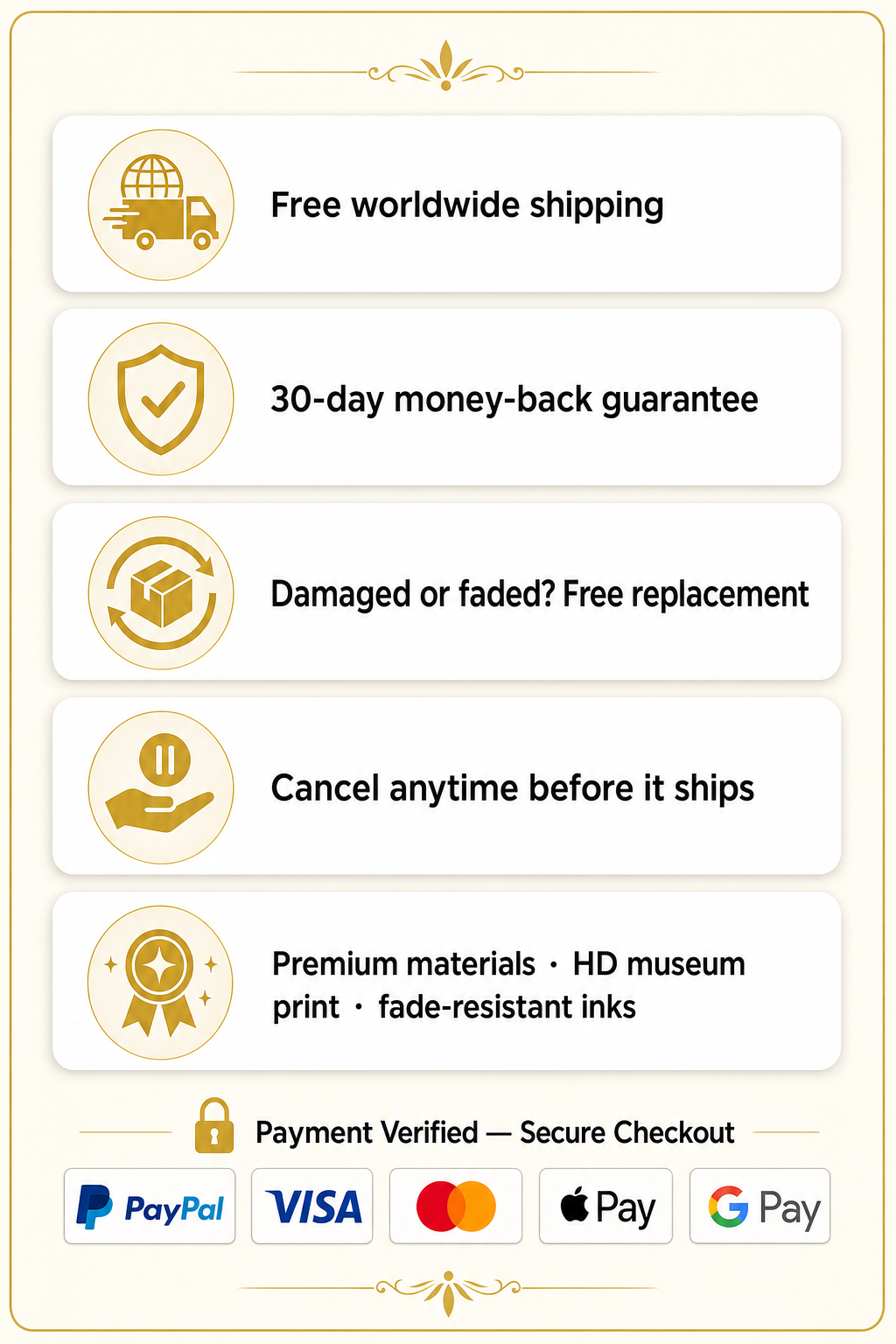 Free worldwide shipping · 30-day money-back guarantee · damaged or faded? free replacement · cancel anytime before it ships · premium materials, HD museum print, fade-resistant inks · Payment Verified, secure checkout with PayPal, Visa, Mastercard, Apple Pay and Google Pay