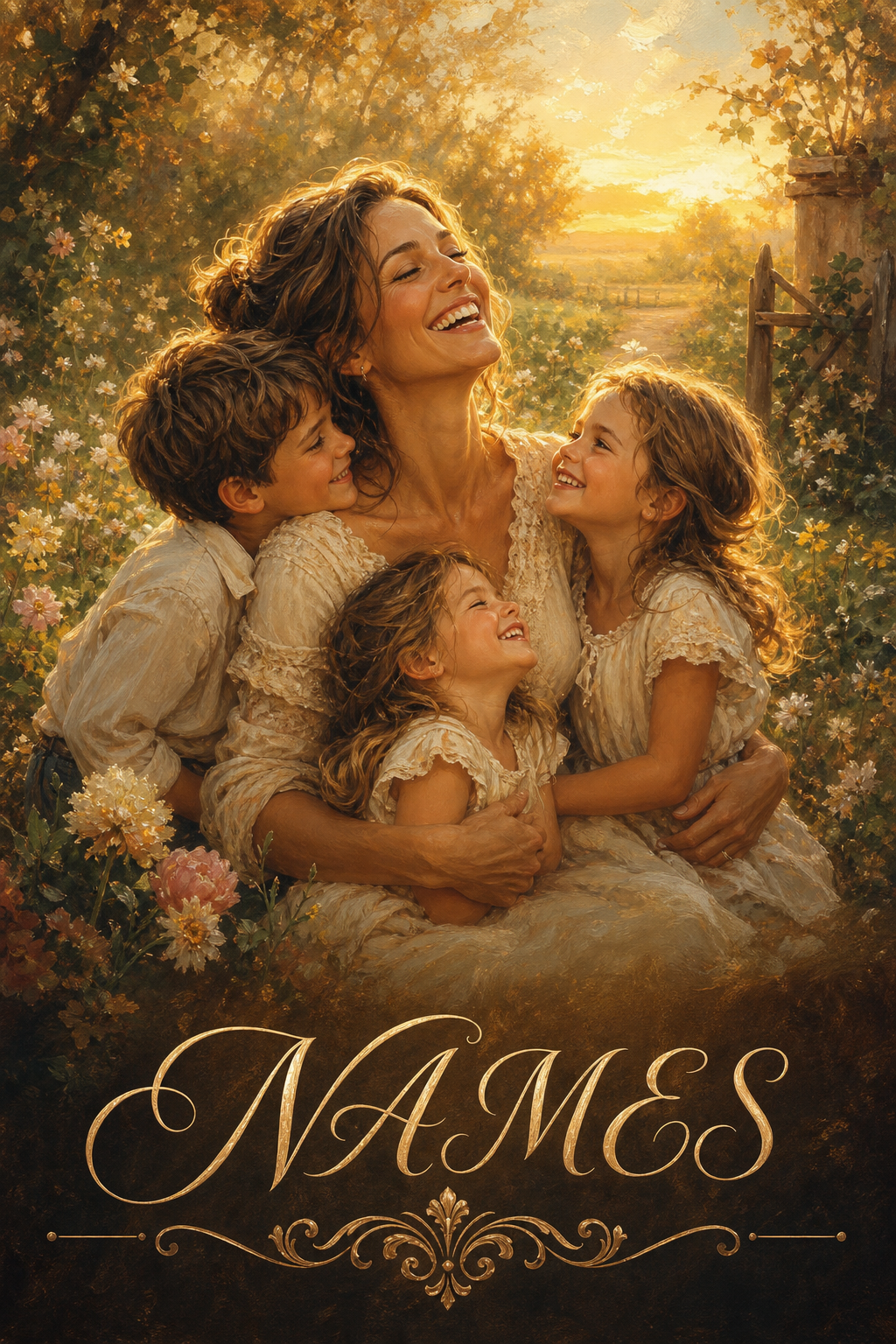 Custom Mother Portrait — Serene AI Art with Kids & Flowers from Photo