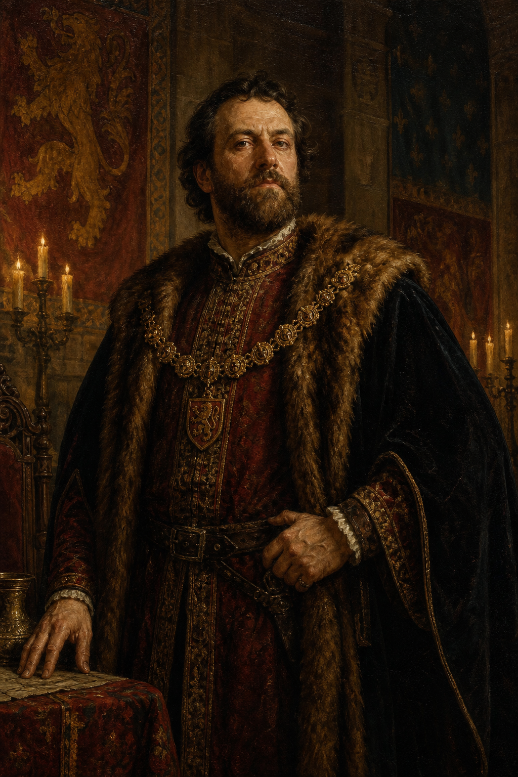 Custom medieval portrait on canvas — a man painted as a medieval lord in a torchlit castle hall from a photo
