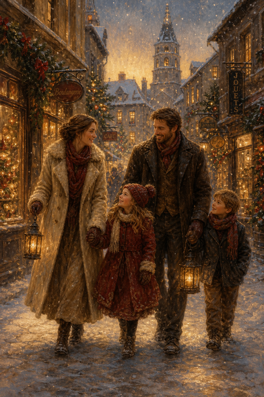 Custom Christmas Family Portrait — Festive Village Scene from Photo