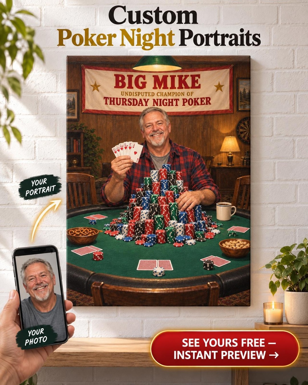Undisputed Poker Champion Custom Portrait from Photo | Personalized Poker Night Gift