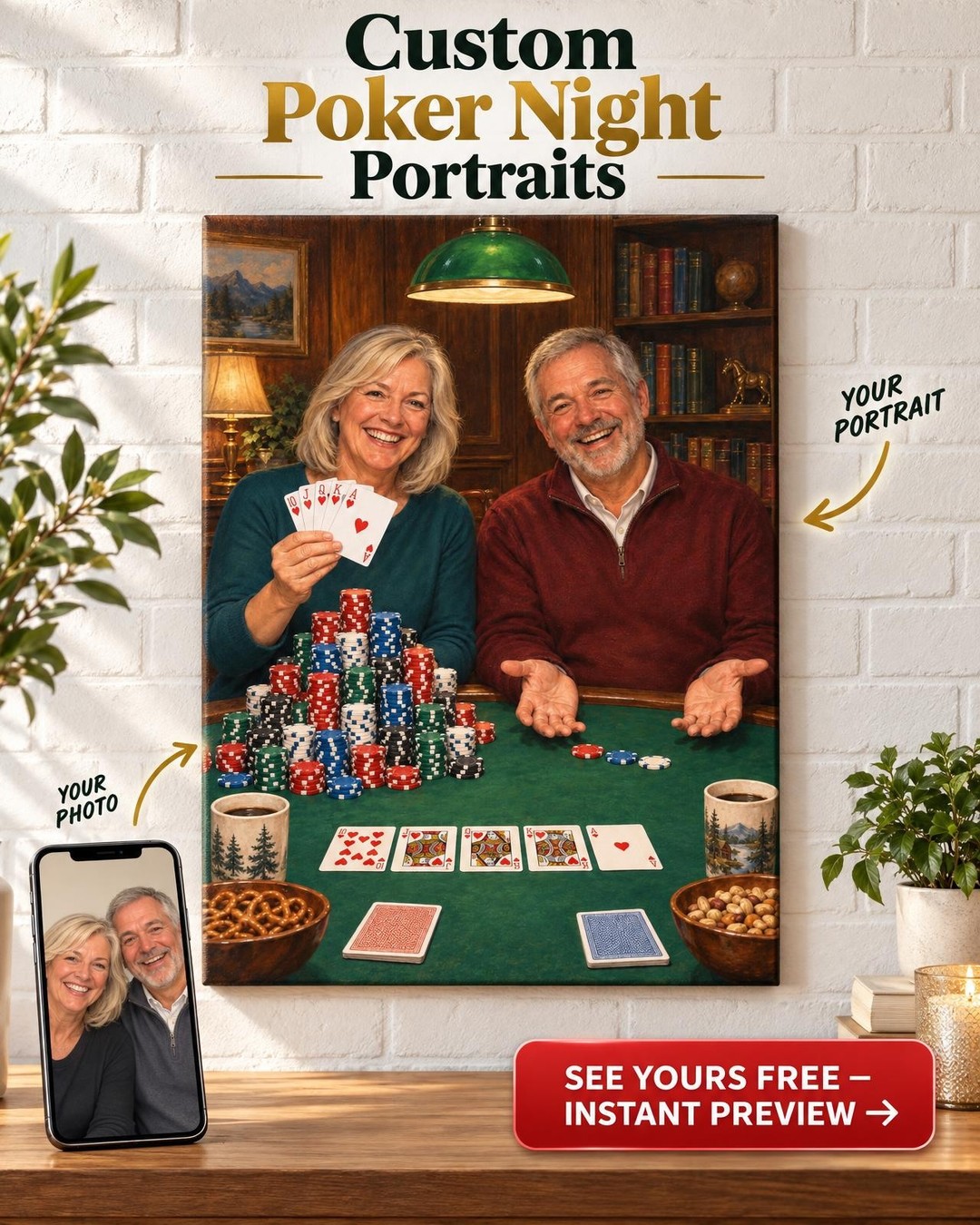 Couple Poker Night Custom Portrait from Photo | Personalized Poker Night Gift