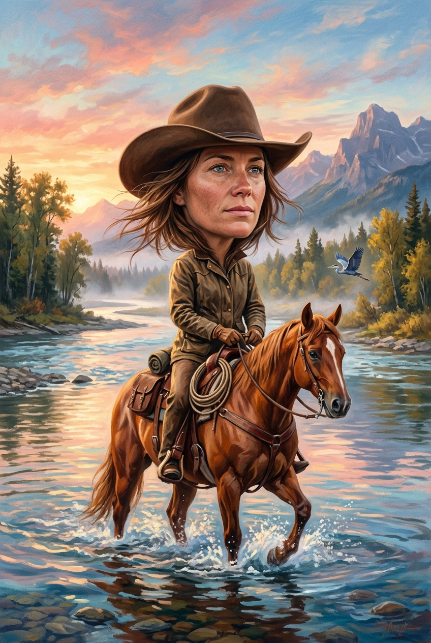 River Crossing Dawn Cowgirl Portrait - 10 Romantic Gift Ideas That Make Them Cry – Emotional Portraits & More - PortraitGift
