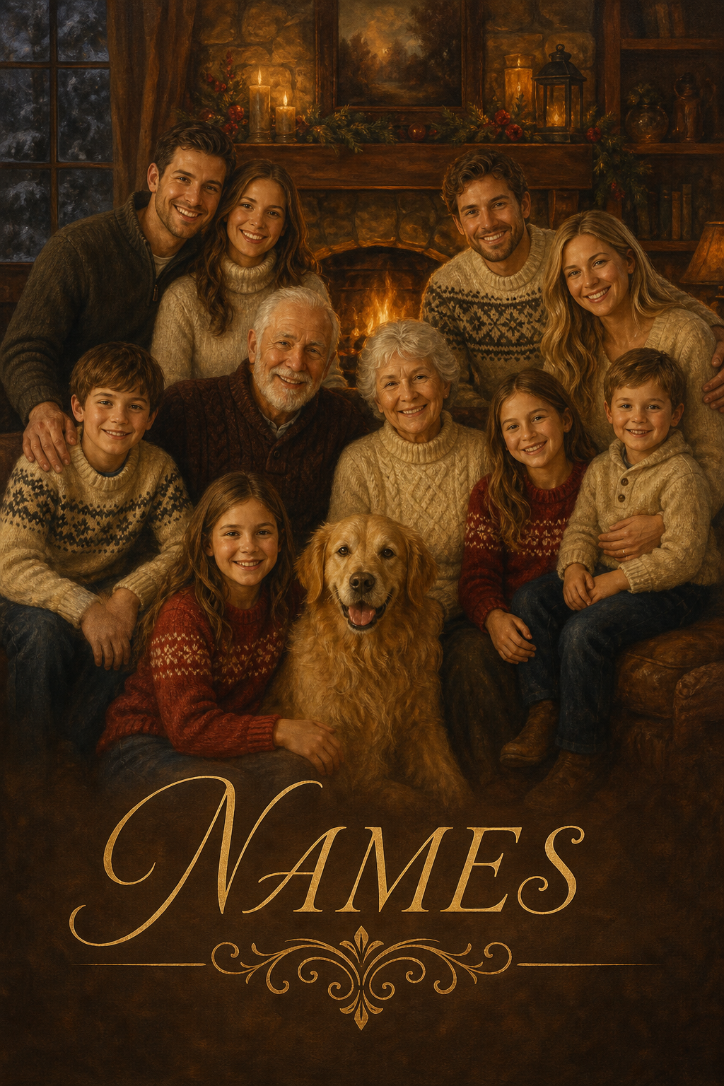 Family Portrait with Deceased Loved One — Cozy Fireplace Canvas
