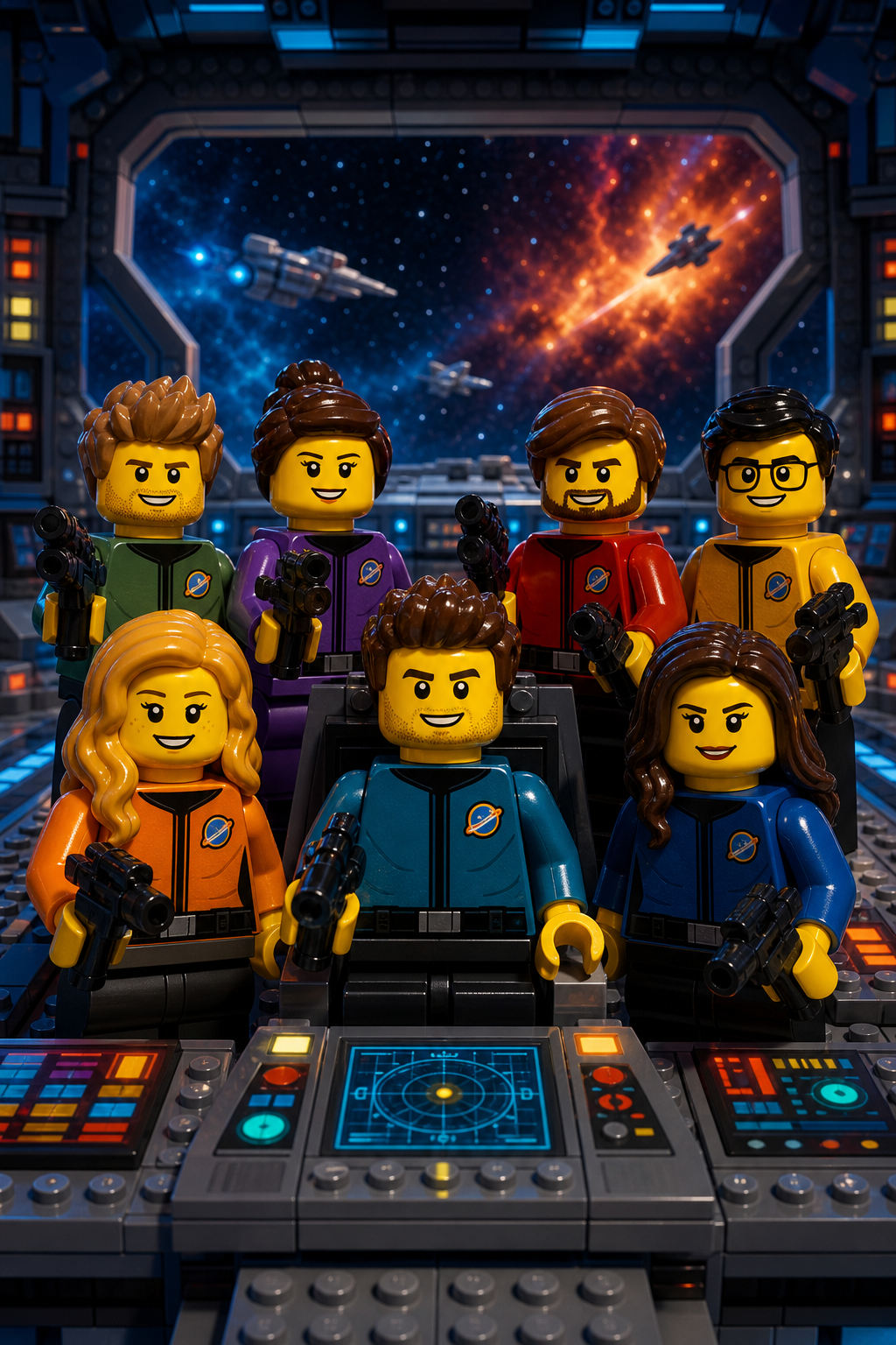 Custom Brick Minifigure Space Explorer Crew — AI-regenerated portrait, fresh per