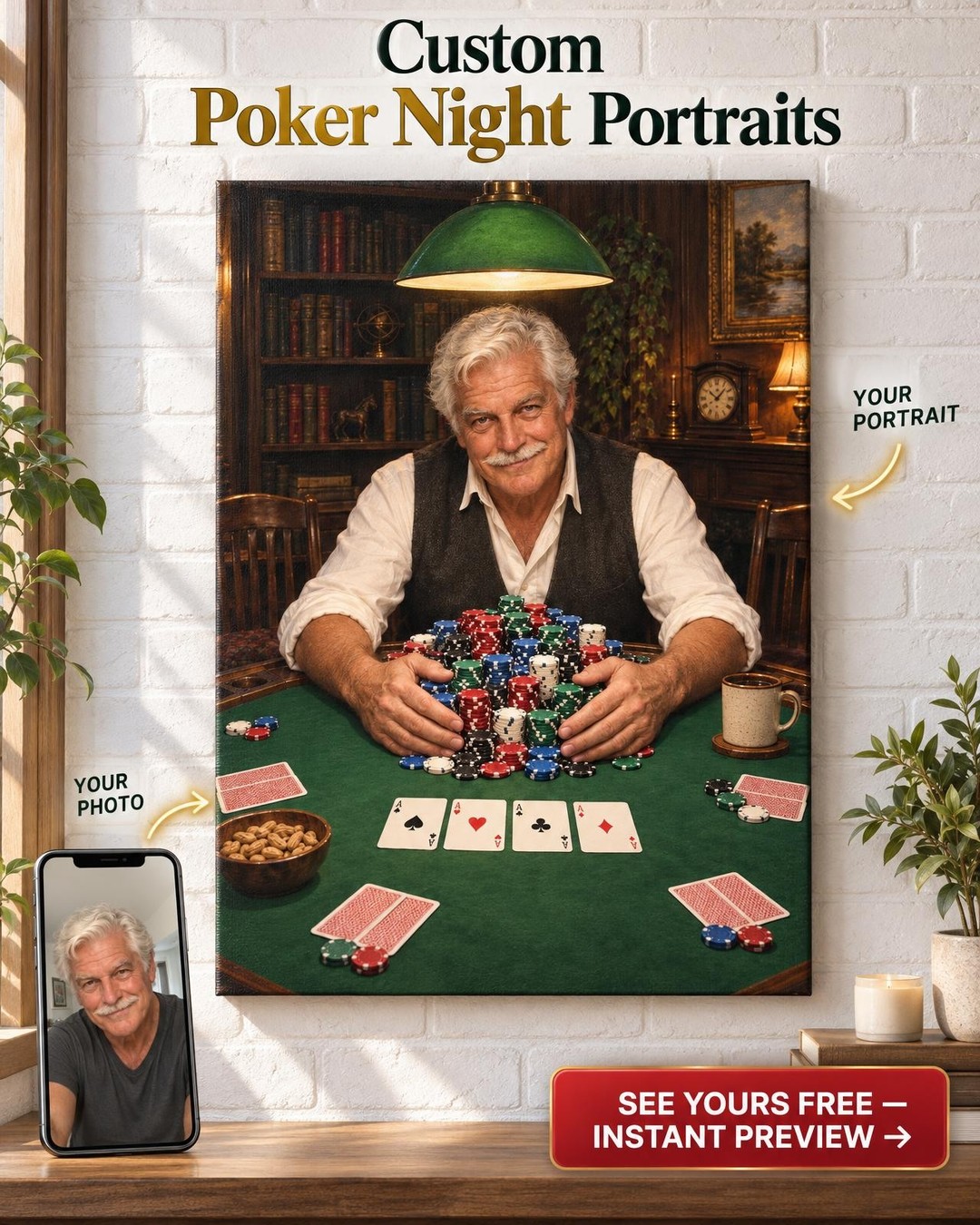 Poker Showdown Custom Portrait from Photo | Personalized Poker Night Gift