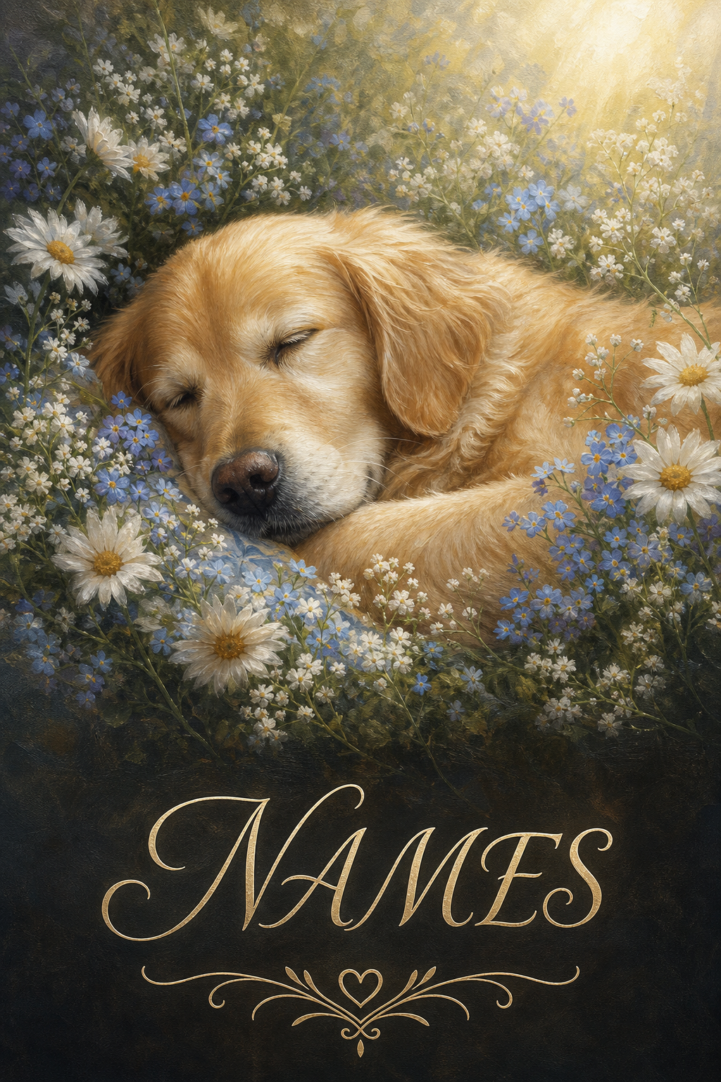Custom Memorial Pet Portrait — Golden Retriever in Flowers from Photo
