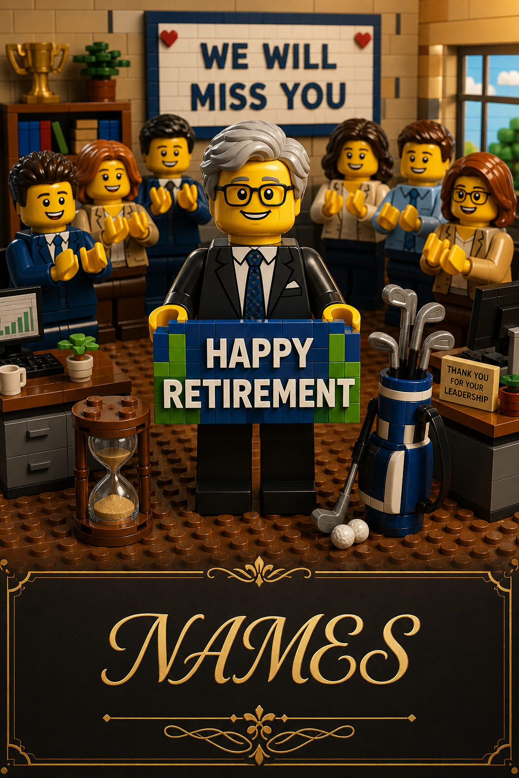 Custom Brick Minifigure Retirement Portrait — AI-regenerated portrait personaliz