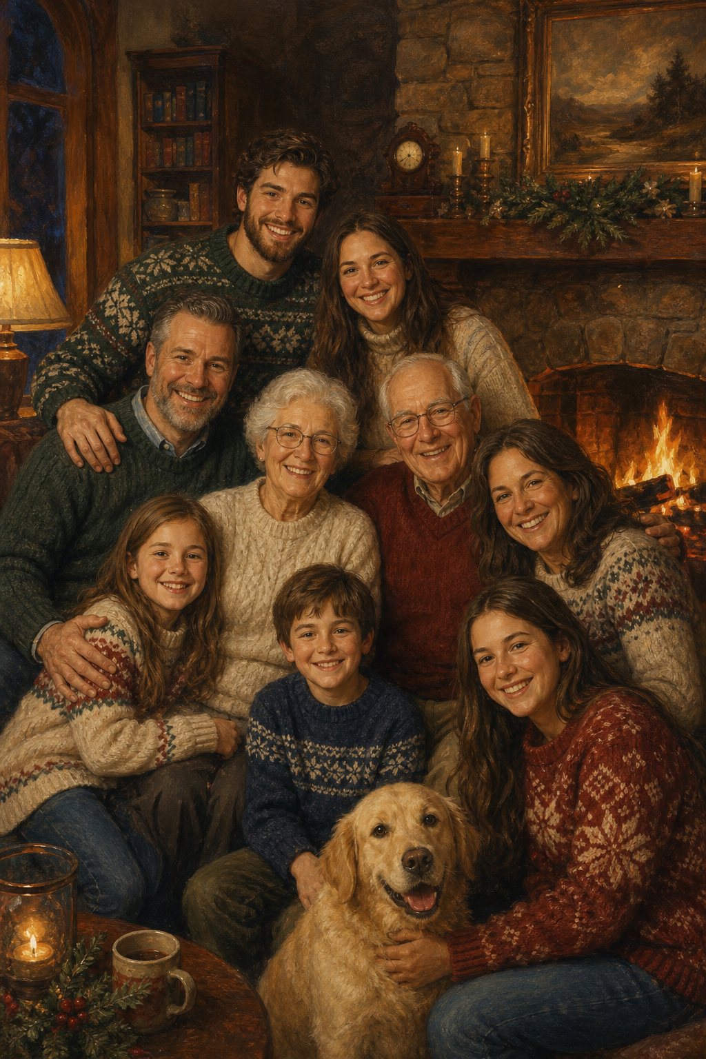 Family Portrait with Deceased Loved One — Cozy Fireplace Canvas