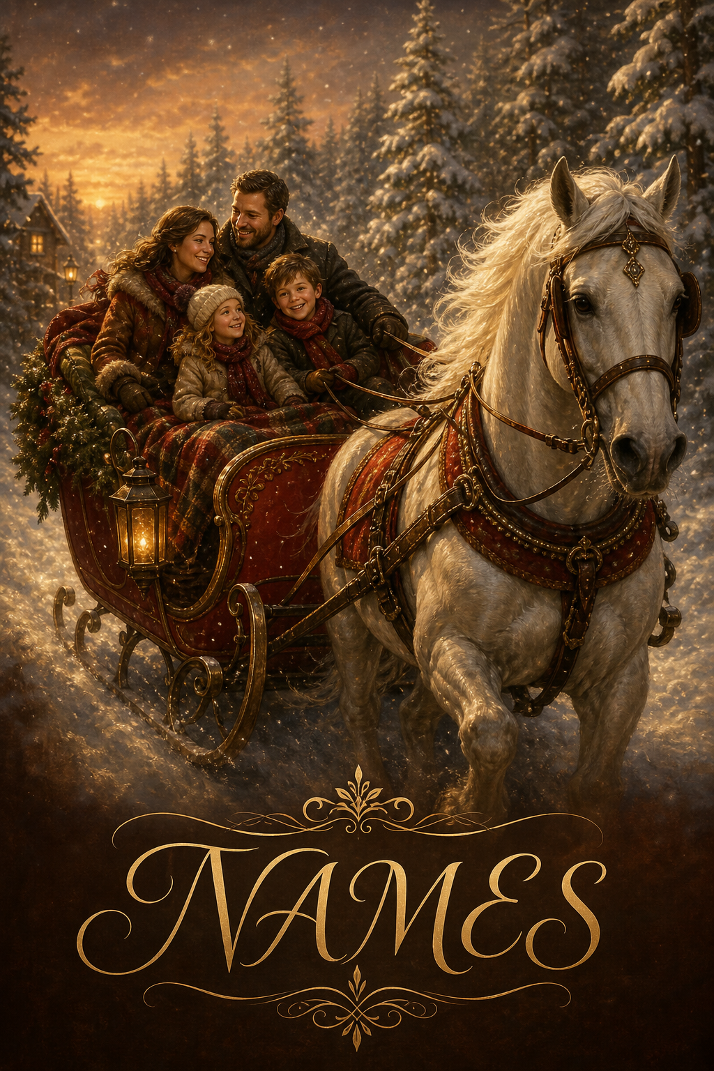 Custom Christmas Family Portrait — Whimsical Sleigh Ride from Photo