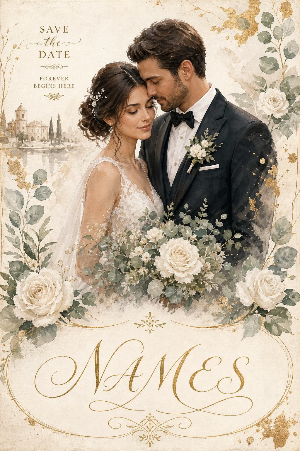 Custom Wedding Couple Portrait — Romantic Watercolor from Photo