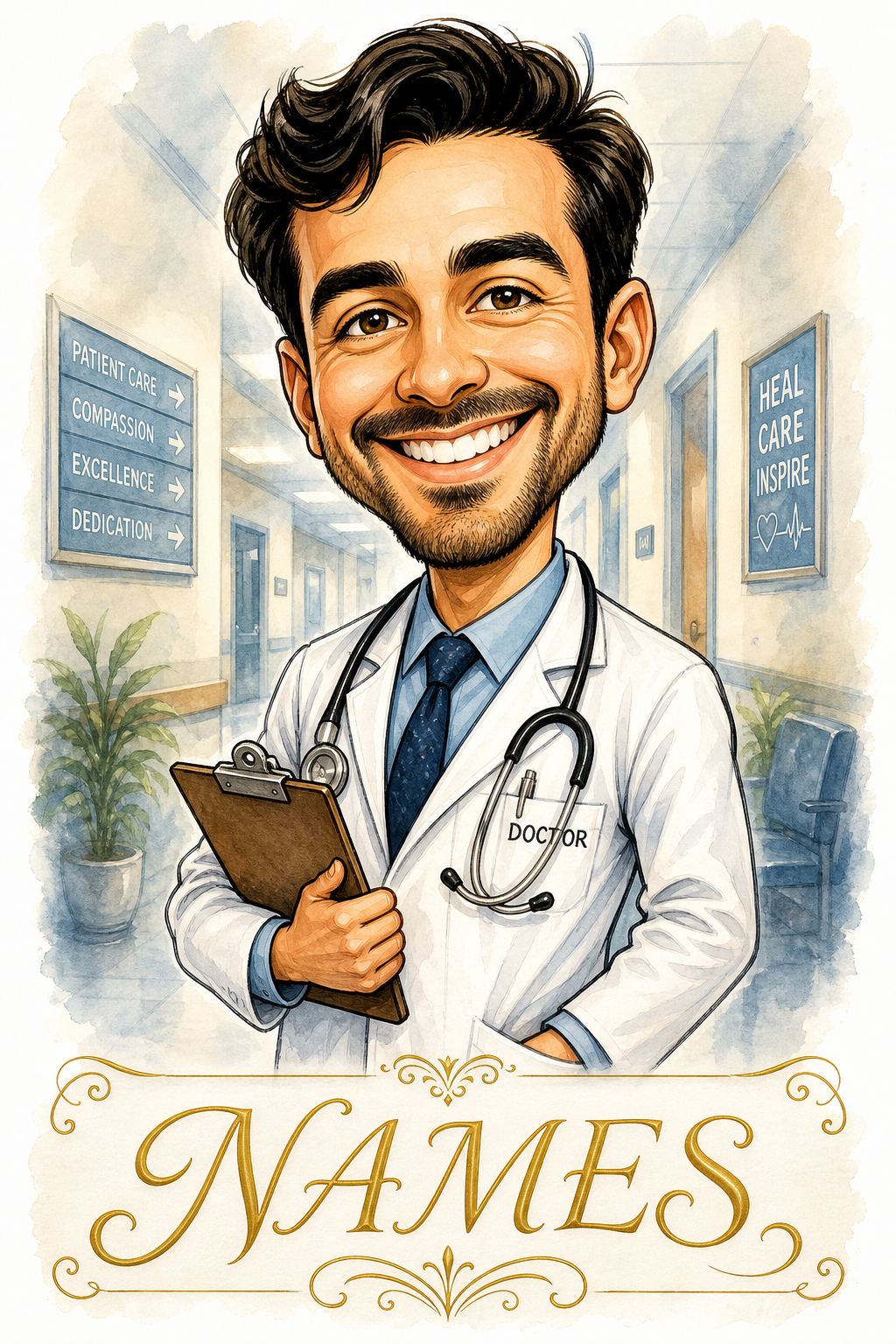 Custom Caricature Single Man Portrait — Heroic Doctor from Photo