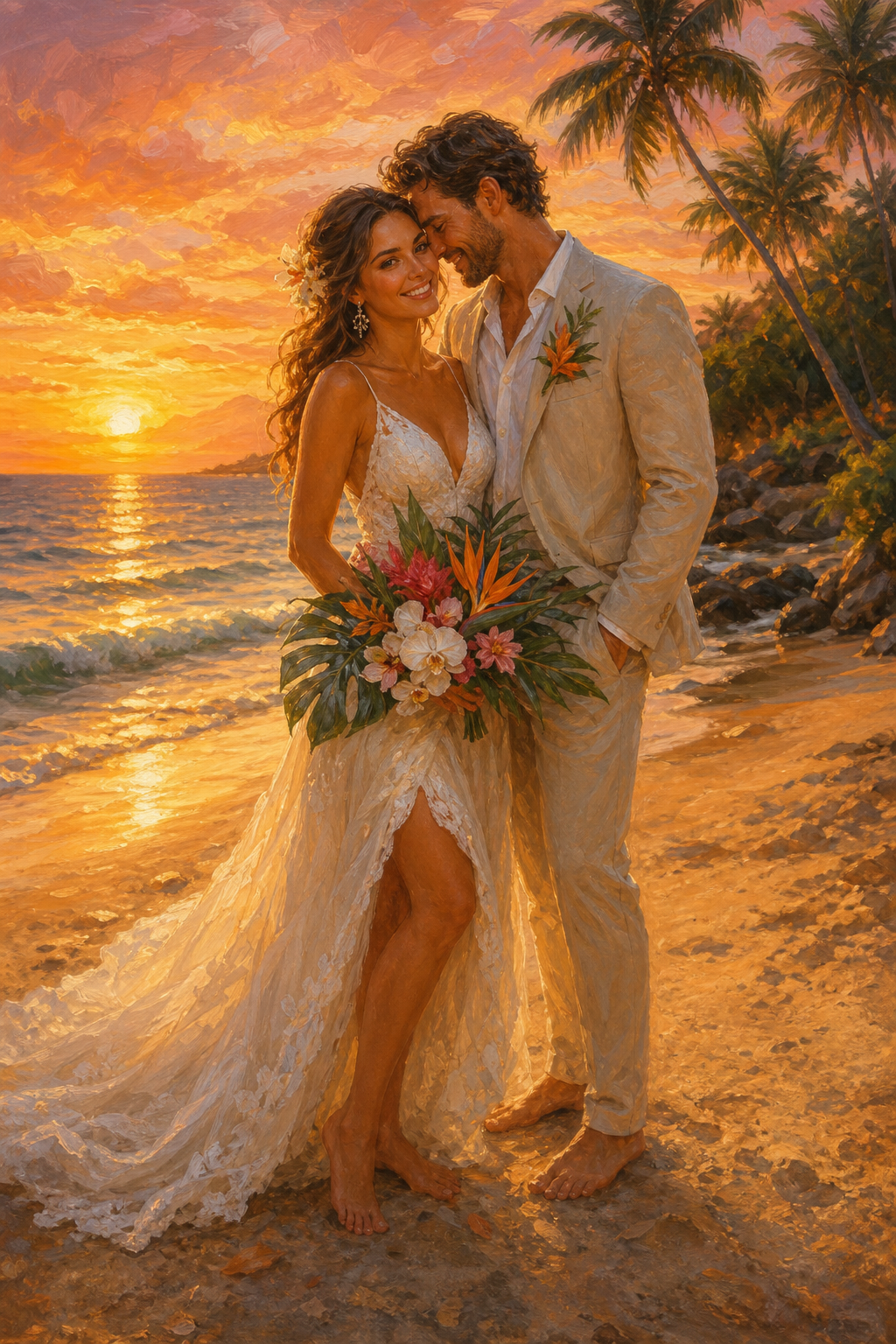 Custom Wedding Couple Portrait — Romantic Sunset Beach from Photo