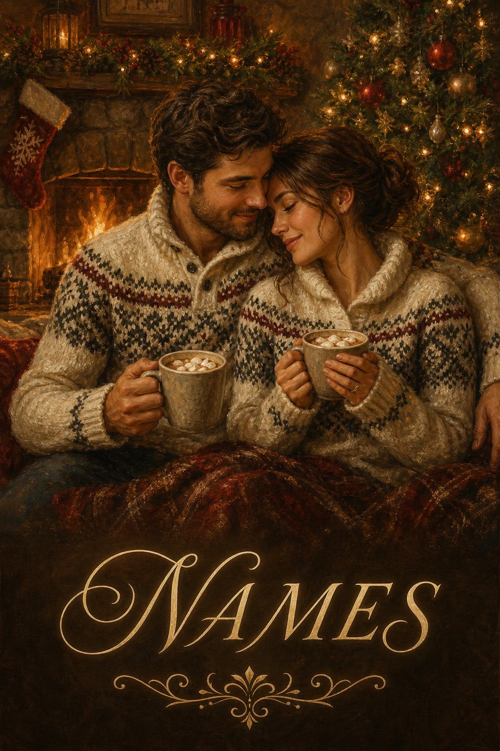 Custom Christmas Couple Portrait — Cozy Fireplace Magic from Photo