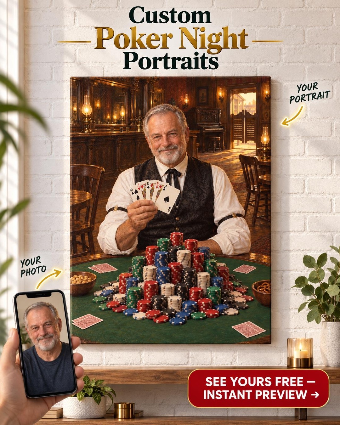 Old West Poker Legend Custom Portrait from Photo | Personalized Poker Night Gift