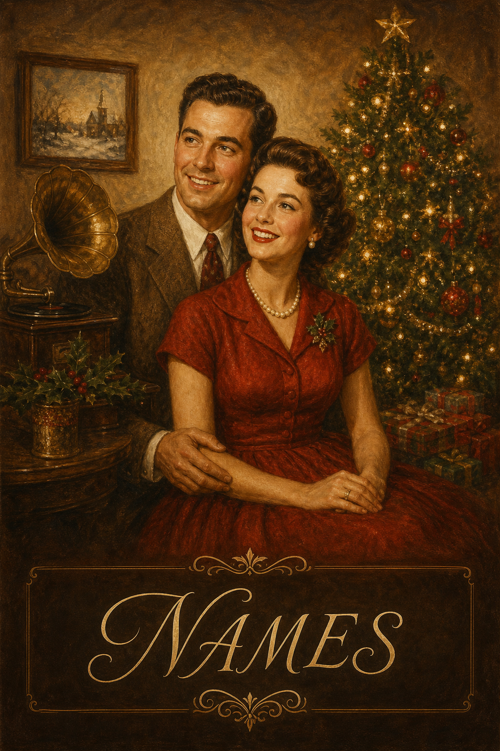 Custom Christmas Couple Portrait — Vintage Romance from Photo