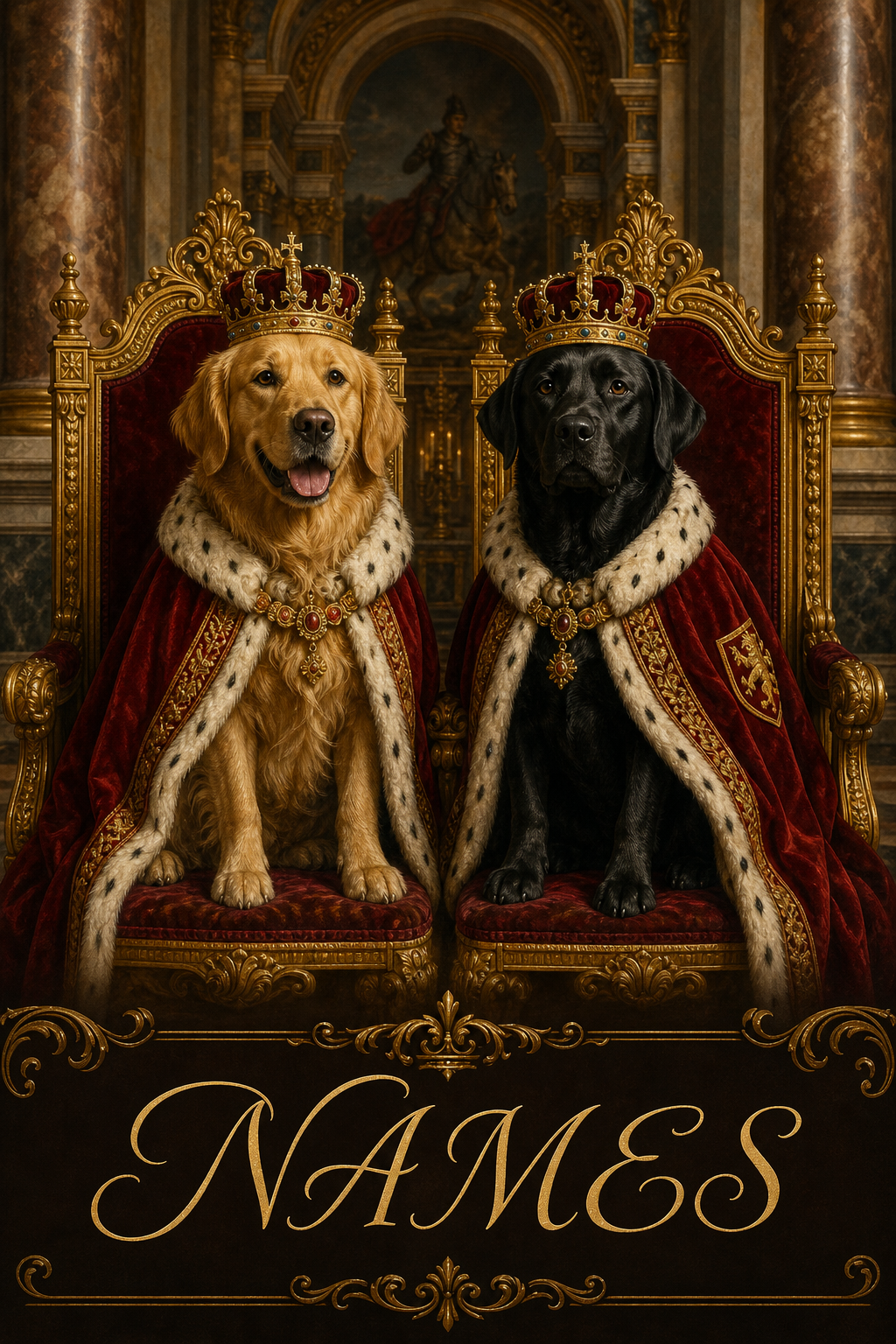 Custom Royal Pet-Dog Portrait — Heroic Throne Canvas from Photo