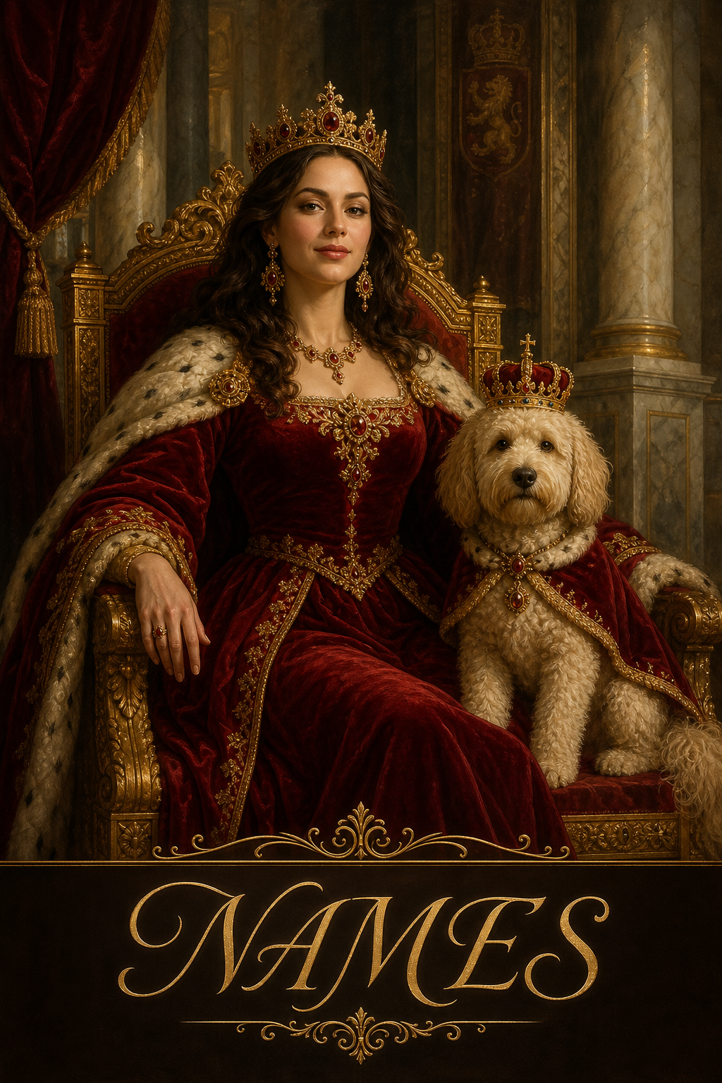 Custom Royal Single Woman & Pet Dog Portrait — Regal AI Art from Photo