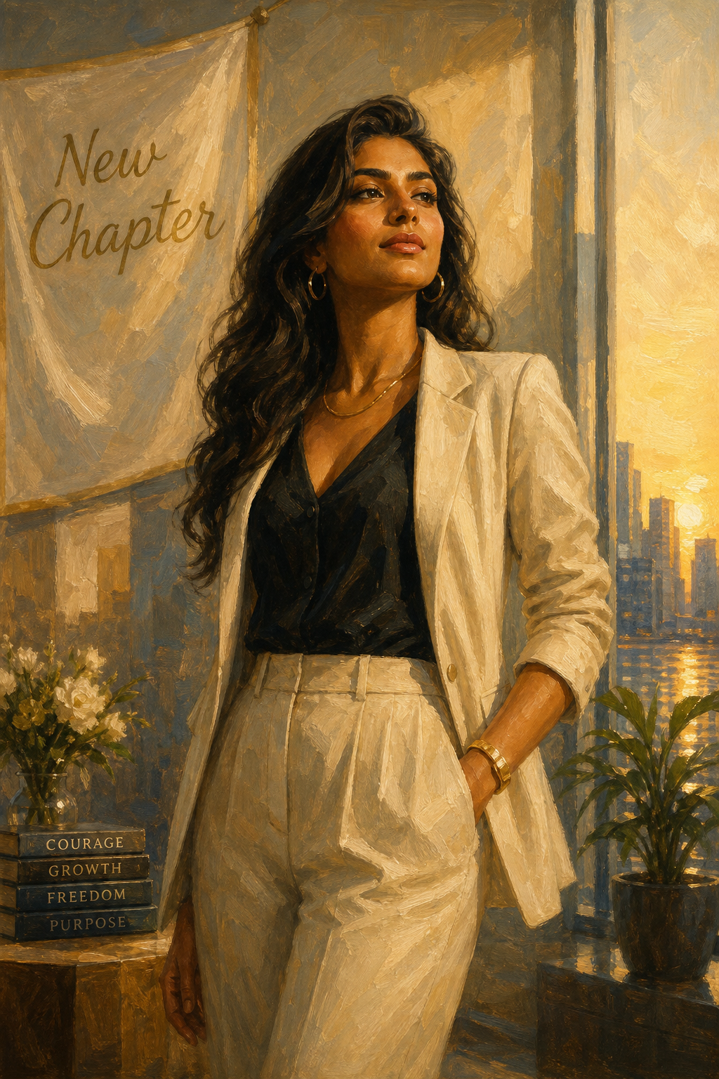 Custom LifeTransition Single Woman Portrait — Empowered City Glow-Up Canvas