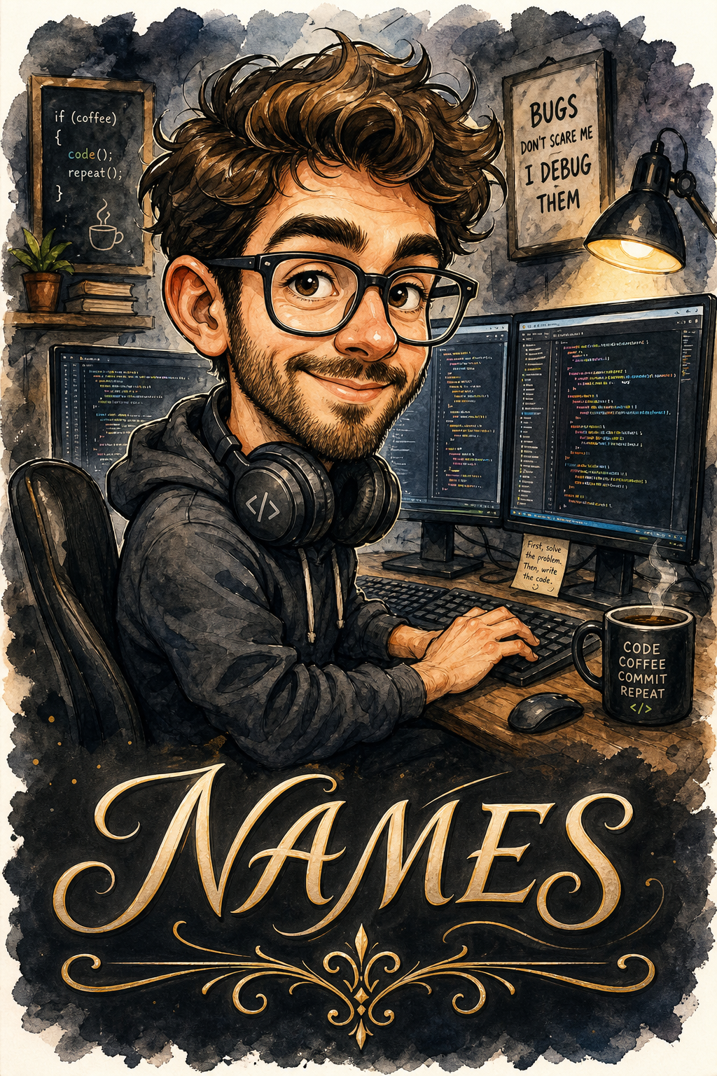 Custom Caricature Single-Man Portrait — Whimsical Coder from Photo