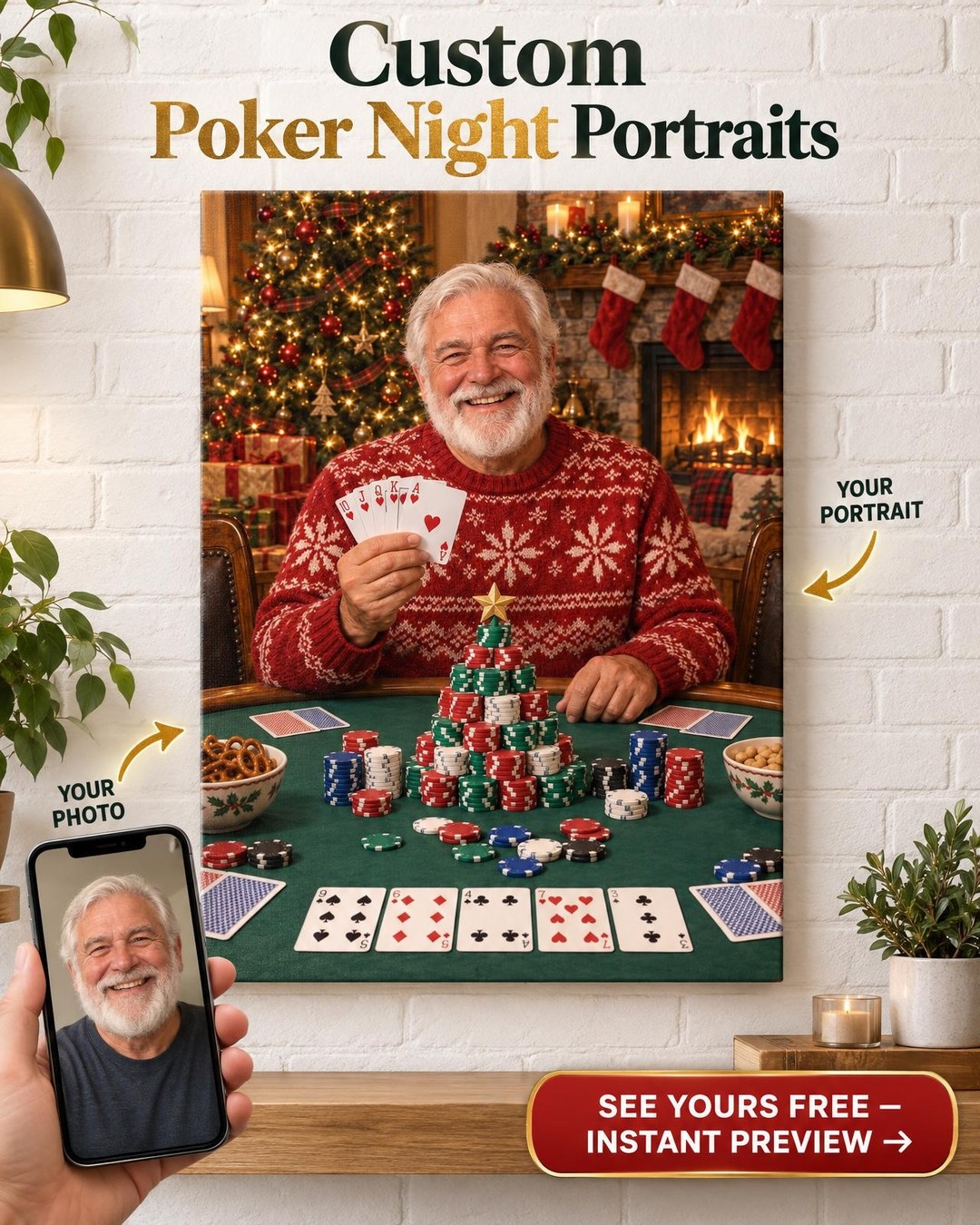 Christmas Poker Night Custom Portrait from Photo | Personalized Poker Night Gift