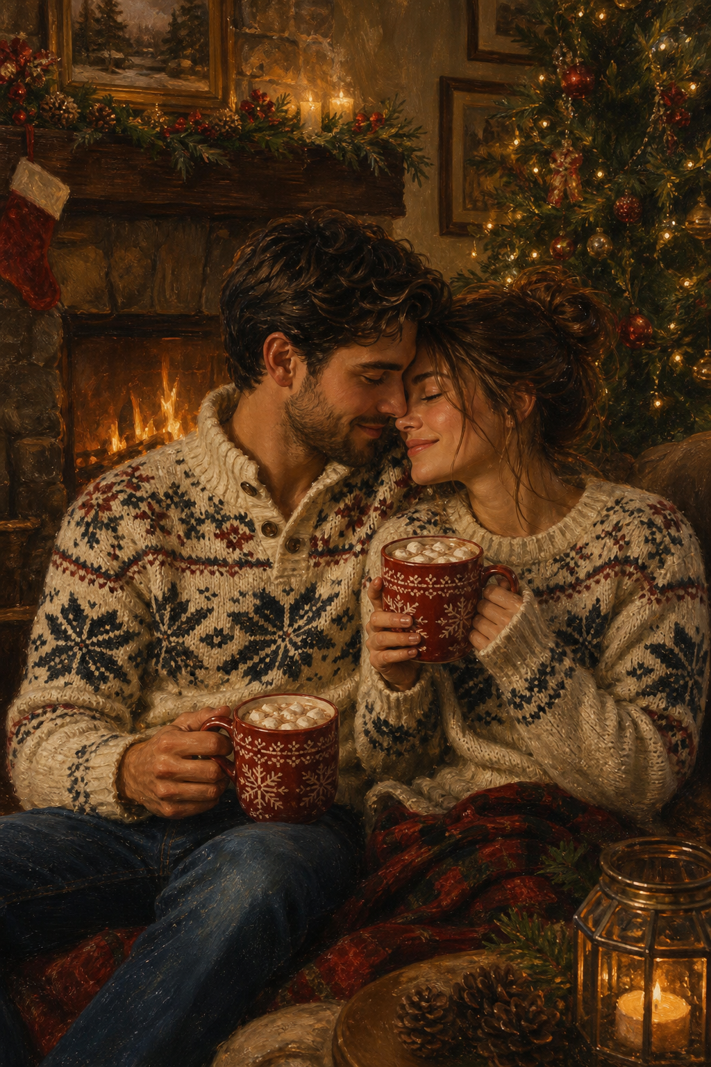 Custom Christmas Couple Portrait — Cozy Fireplace Magic from Photo