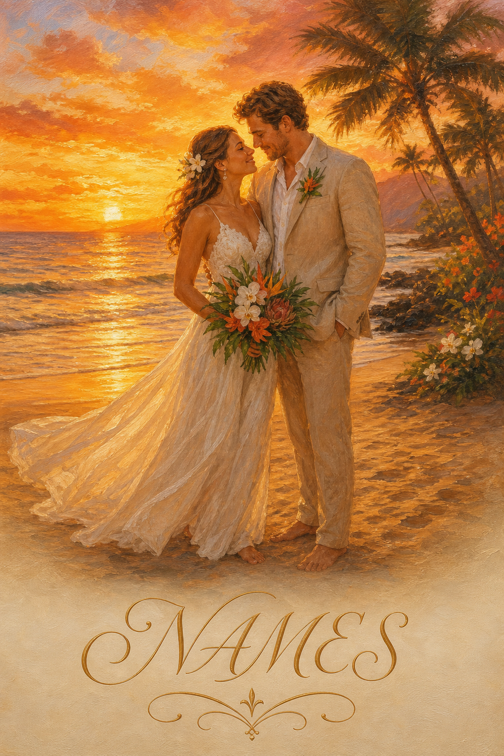 Custom Wedding Couple Portrait — Romantic Sunset Beach from Photo