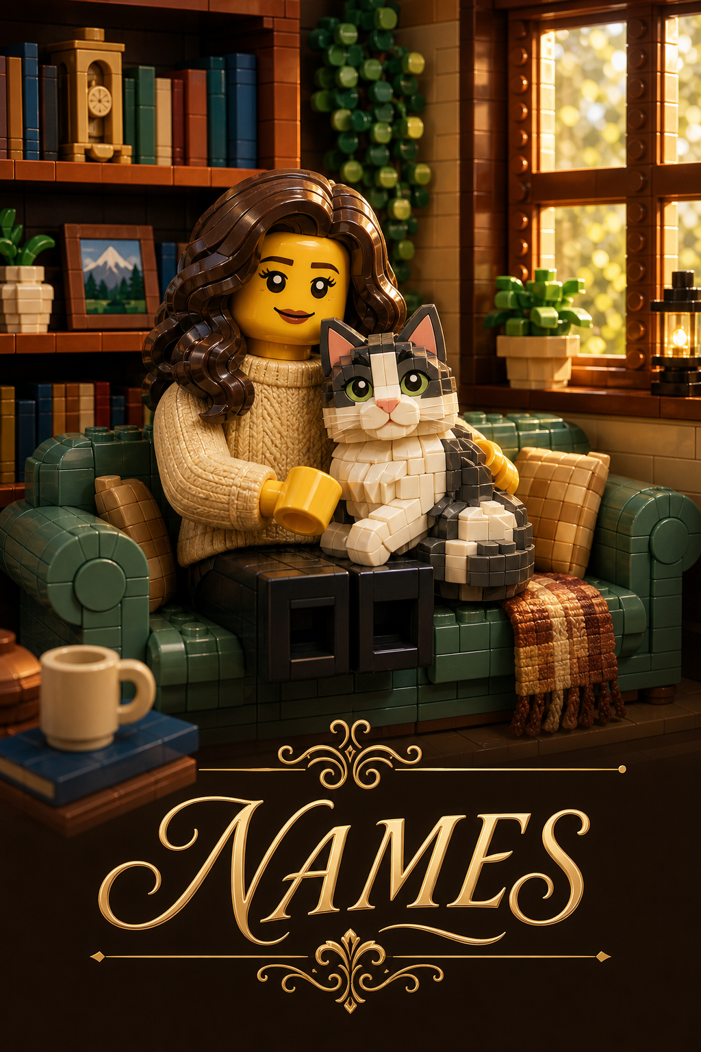 Custom Brick Minifigure Cat Owner + Cat Portrait — AI-regenerated portrait perso