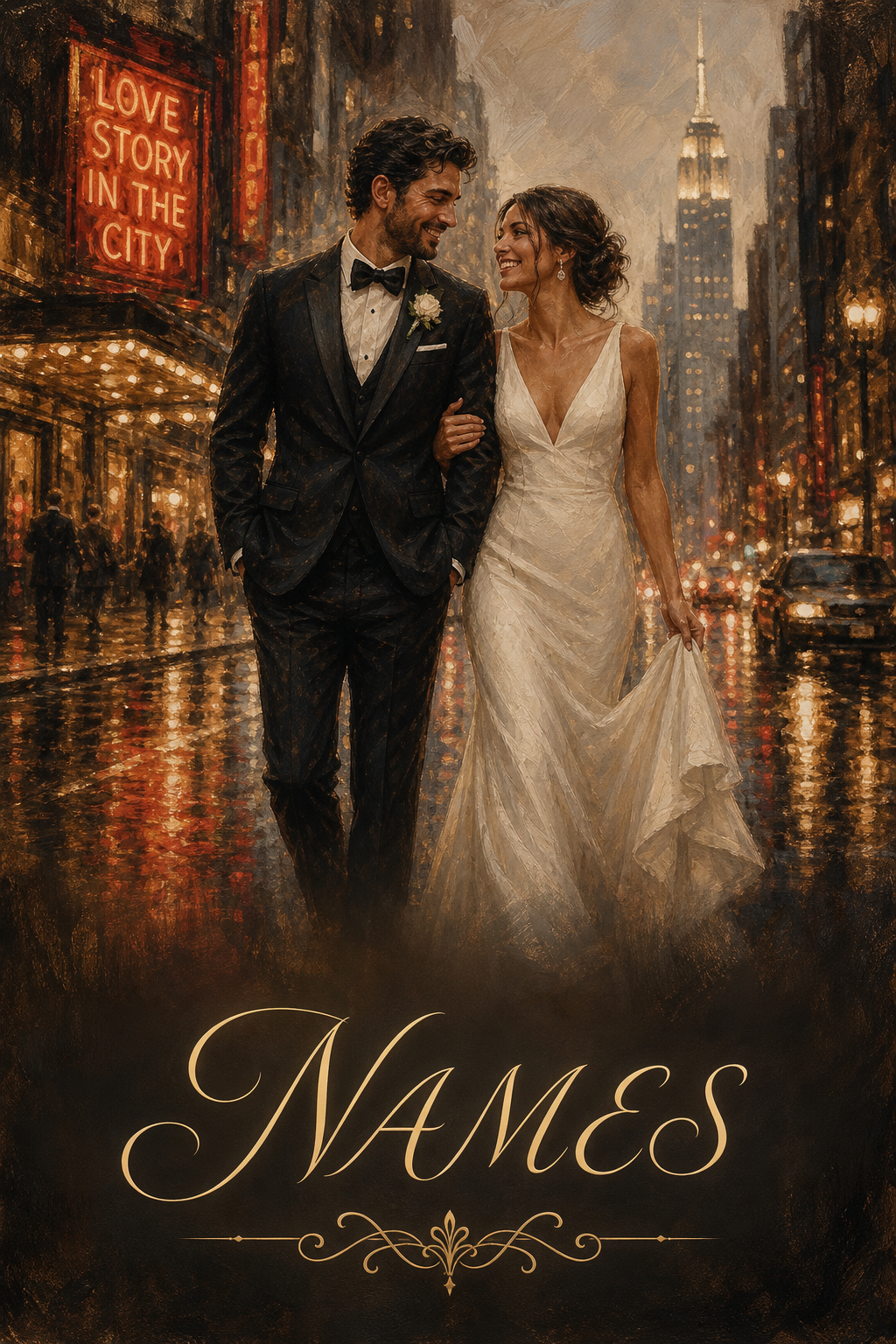 Custom Wedding Couple Portrait — NYC Neon Celebration from Photo