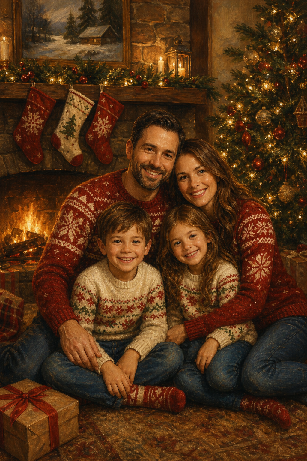 Custom Christmas Family Portrait — Festive Fireplace Canvas from Photo