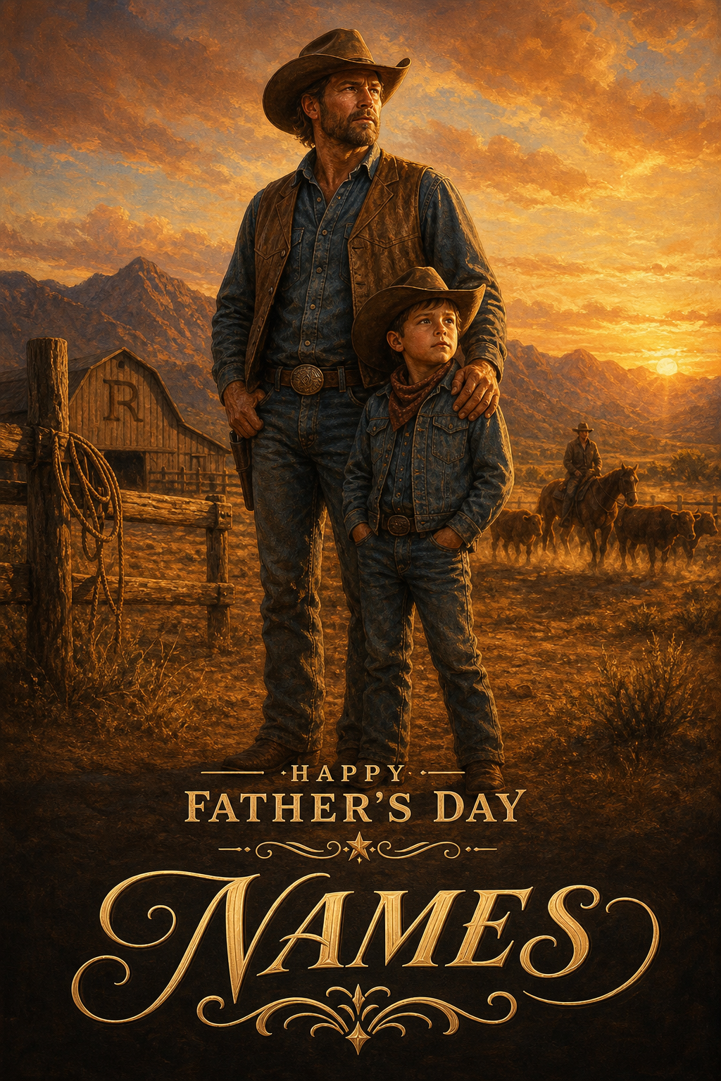 Custom Cowboy Father-Child Portrait — Heroic Western Adventure from Photo