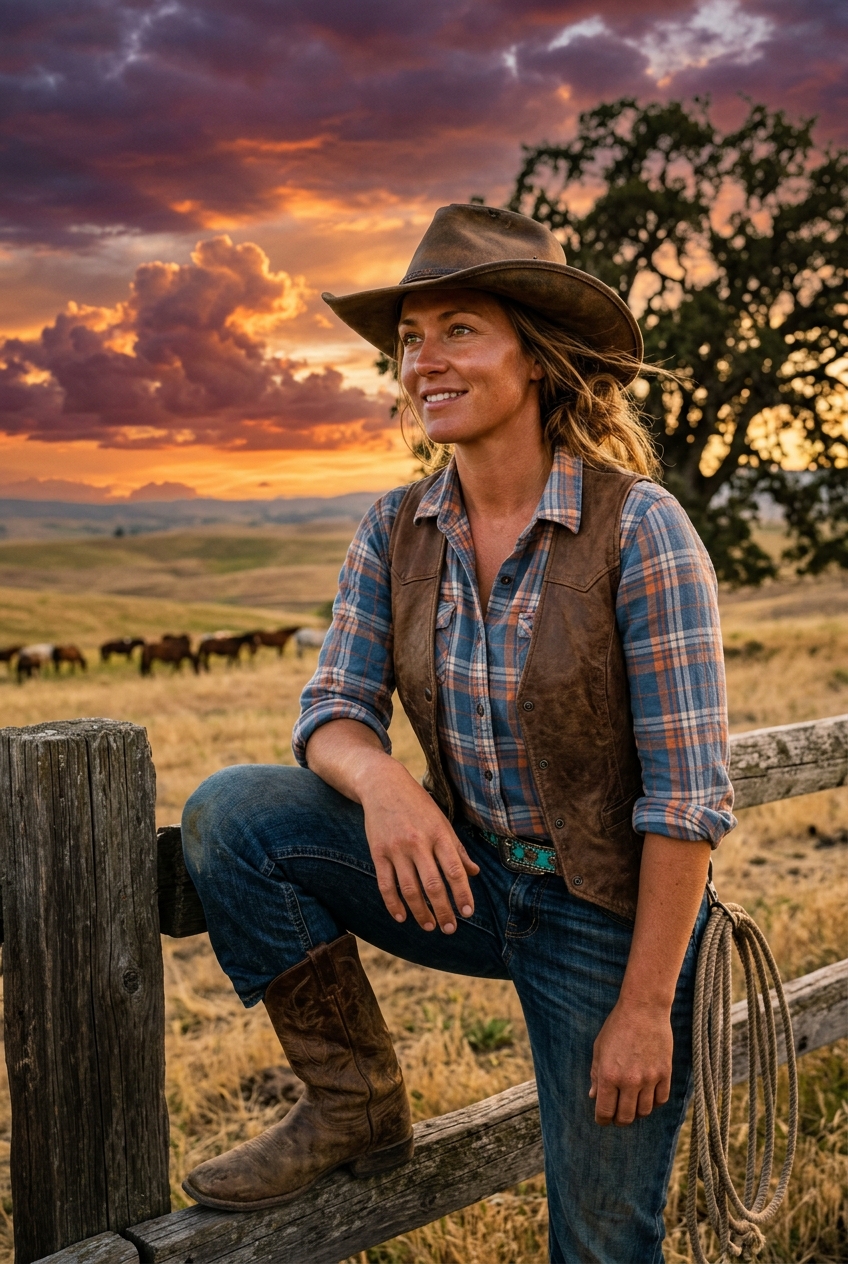 Sunset Ranch Cowgirl Portrait - Best Personalized Portrait Gift: Sunsets & Western Spirit - PortraitGift