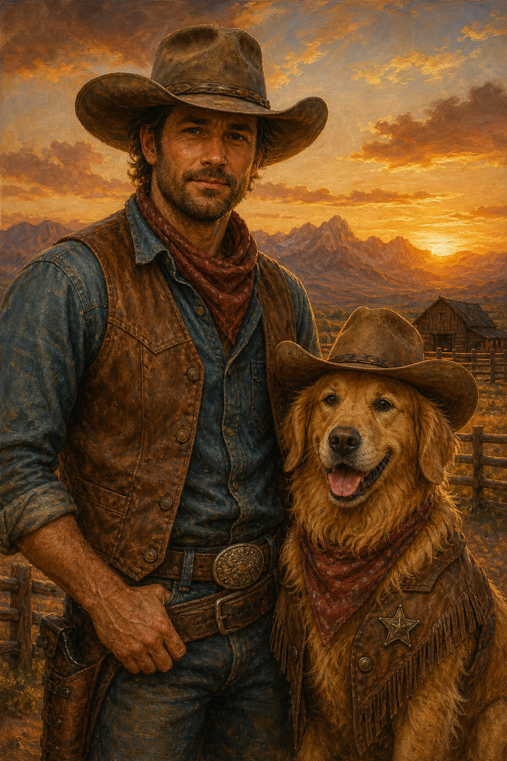 Custom Cowboy Dog Portrait — Heroic Golden Retriever Canvas from Photo