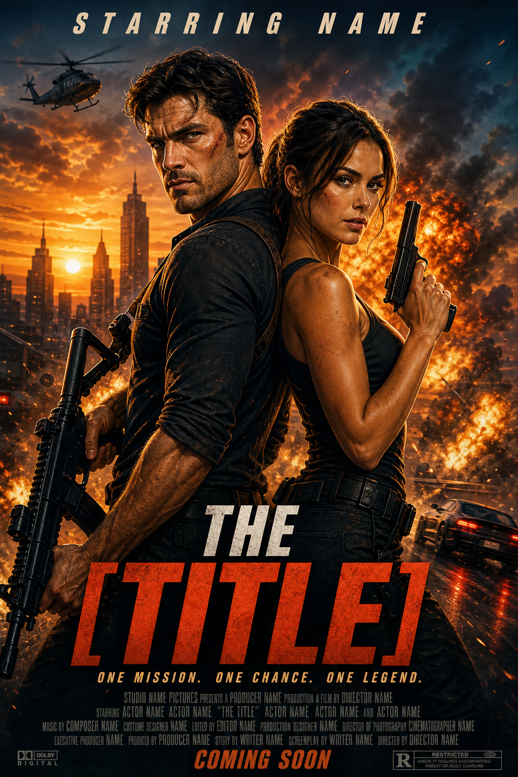 Custom Action Movie Poster Couple Portrait — AI-regenerated portrait, fresh per 