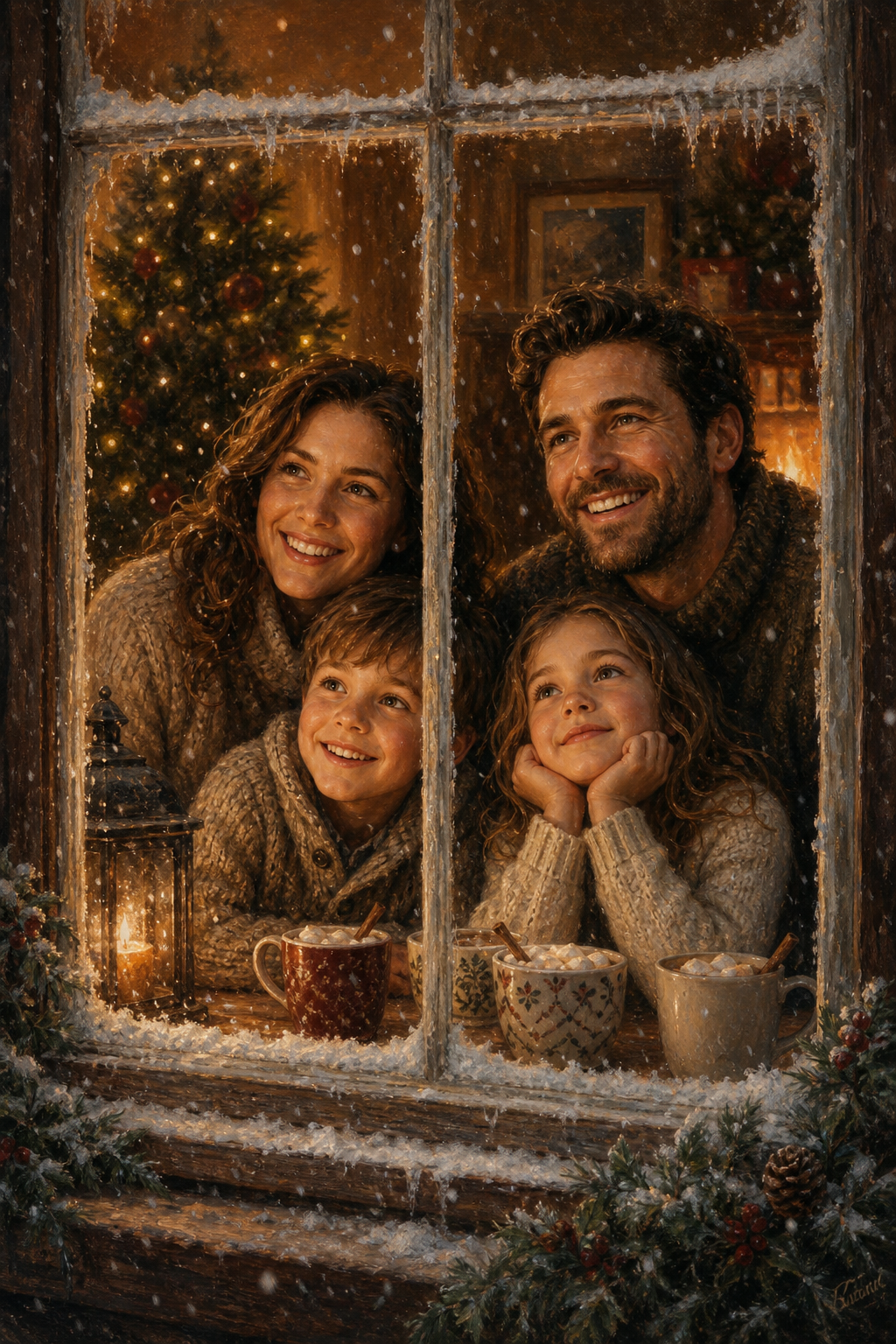 Custom Christmas Family Portrait — Serene Window Scene from Photo