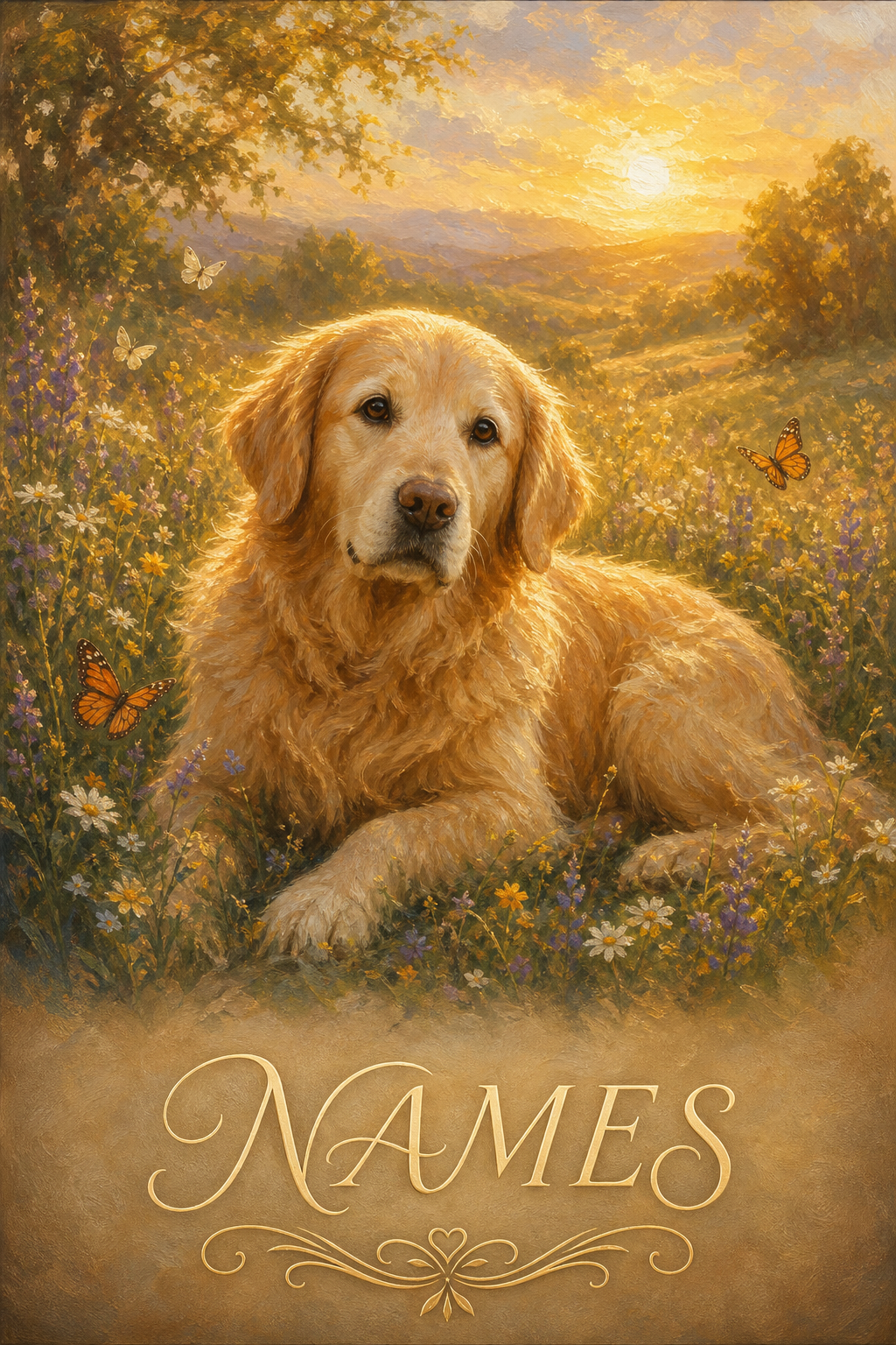 Custom Memorial Pet-Dog Portrait — Golden Retriever in Sunset Meadow from Photo