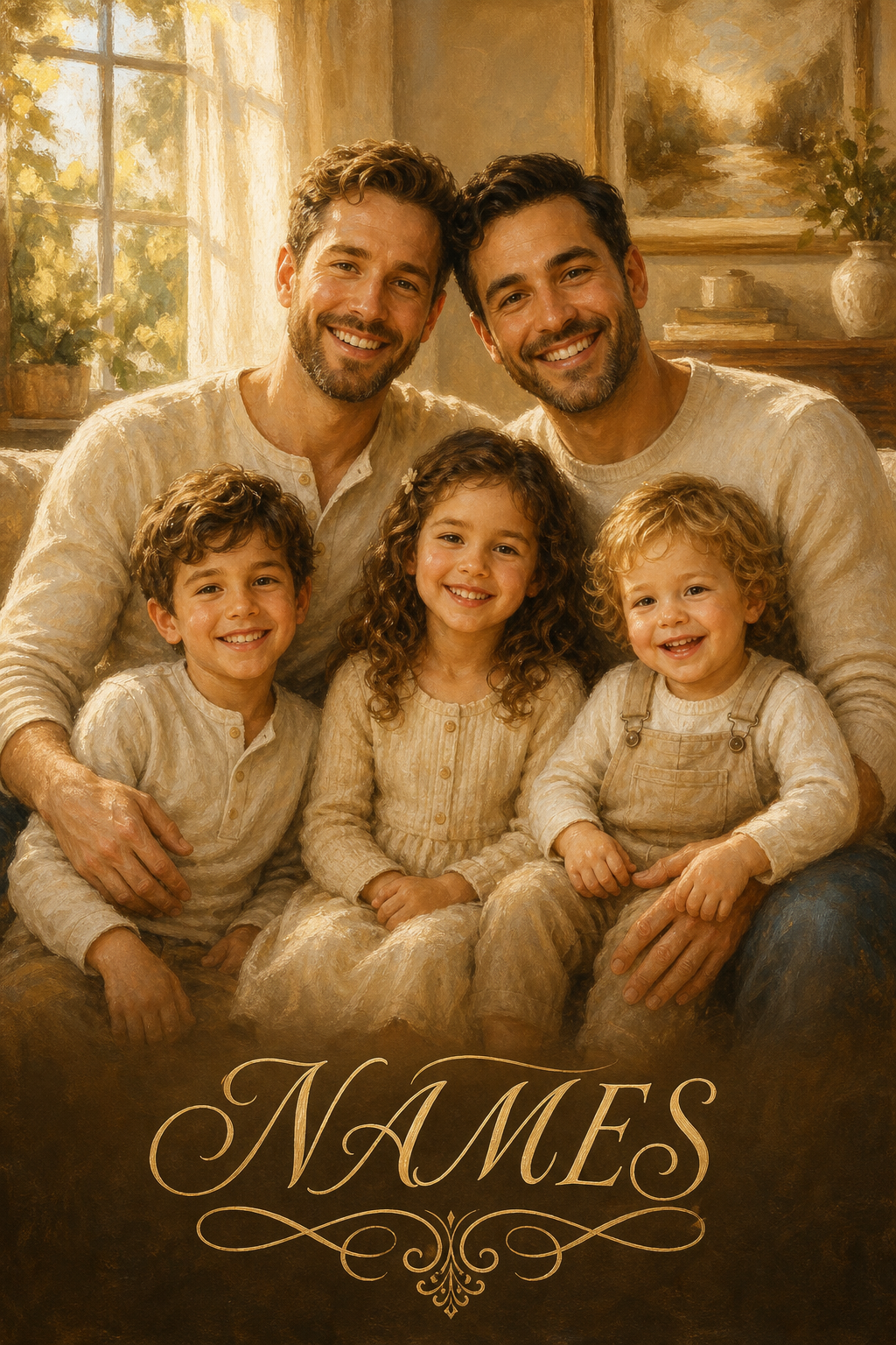 Custom Family Portrait — Two Dads & Kids in Serene Home from Photo