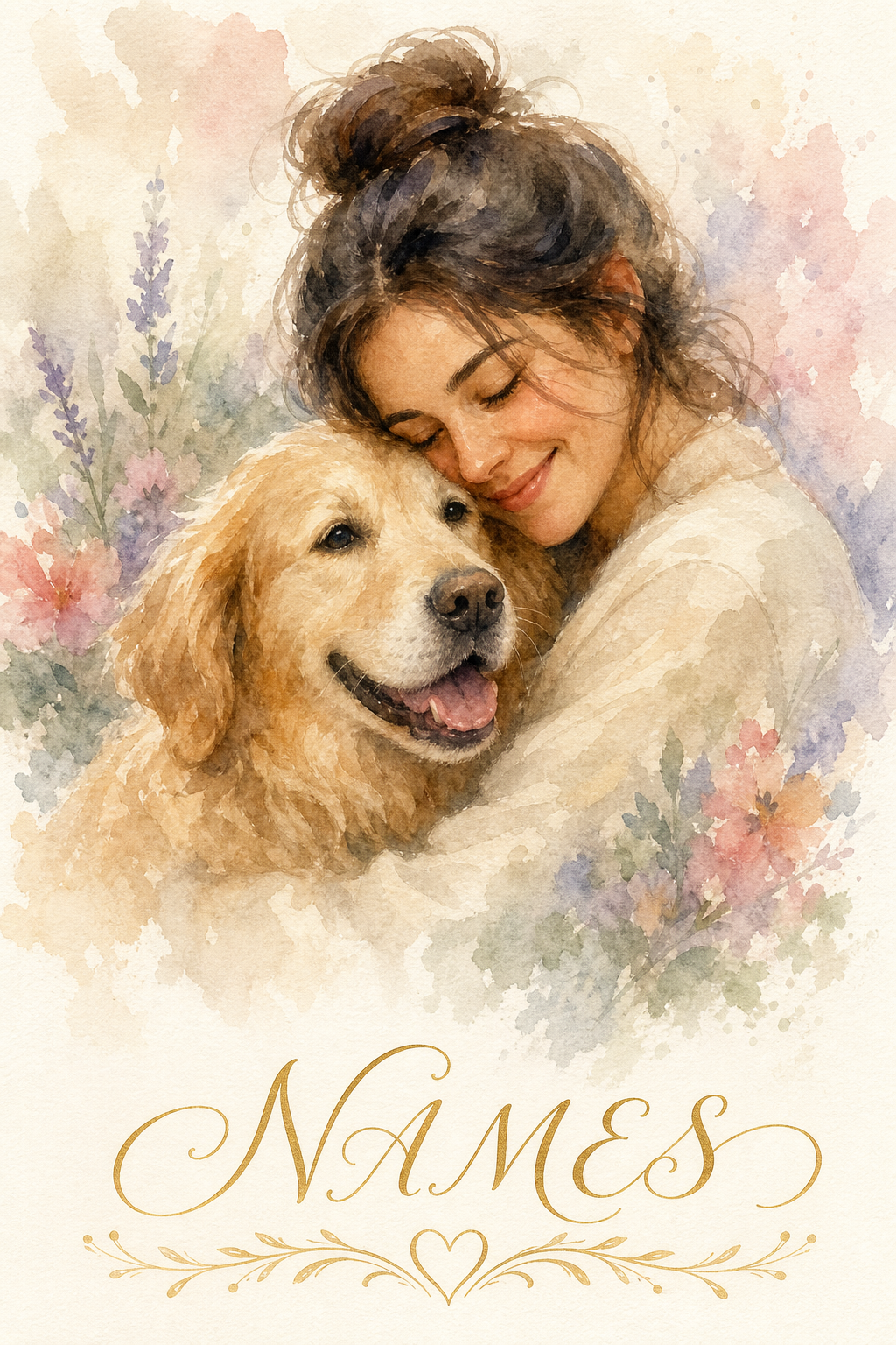 Custom Watercolor Pet Portrait — Serene Dog & Owner from Photo