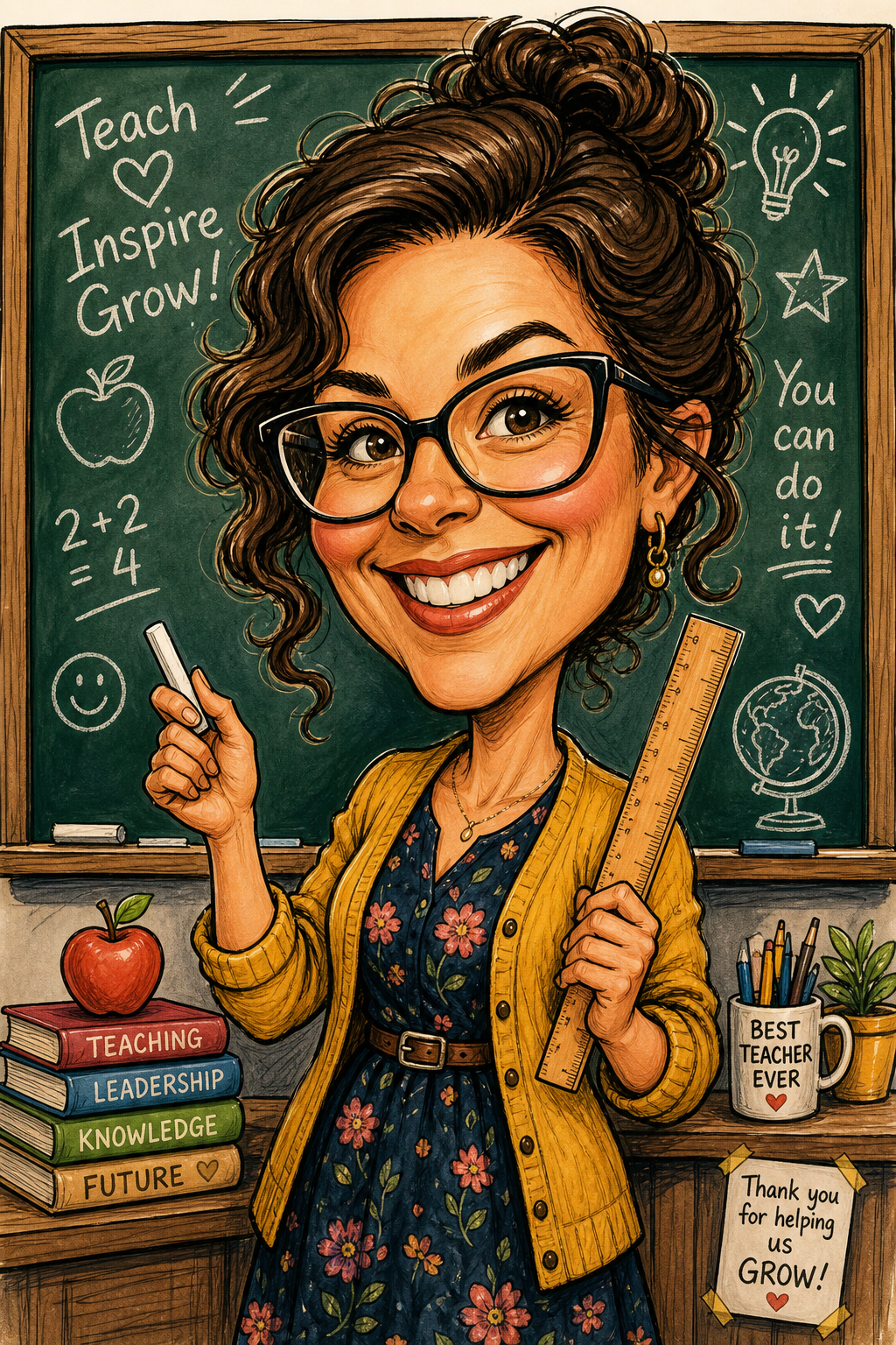 Custom Caricature Single Woman Portrait — Whimsical Teacher from Photo