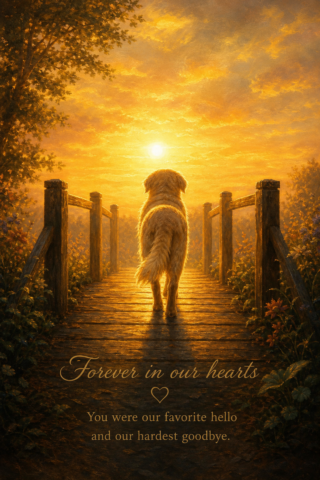 Custom Memorial Dog Portrait — Sunset Bridge Canvas from Photo