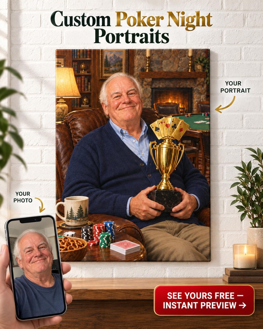 Poker Trophy Custom Portrait from Photo | Personalized Poker Night Gift